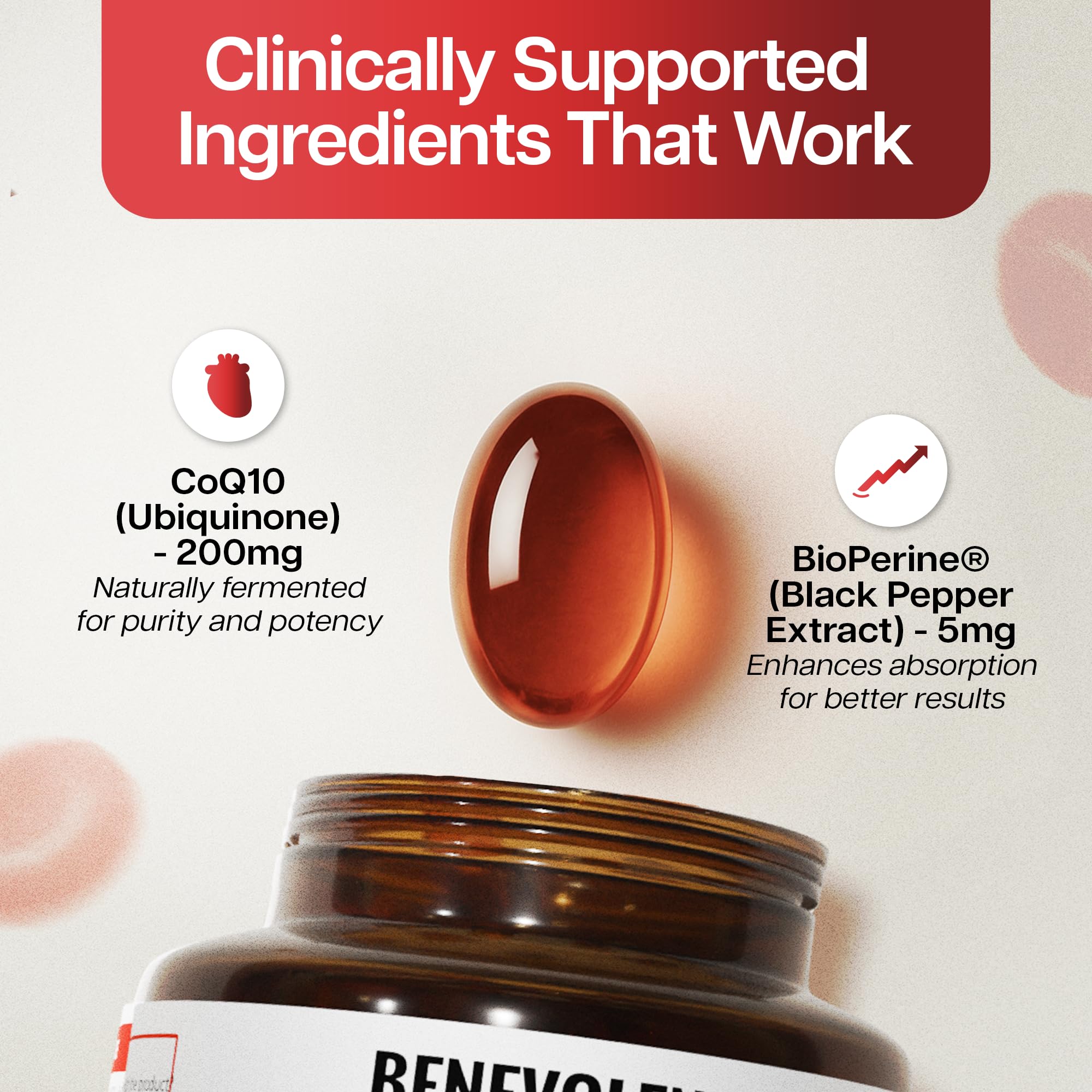 Benevolent Nourishment CoQ10 softgels on a wooden table