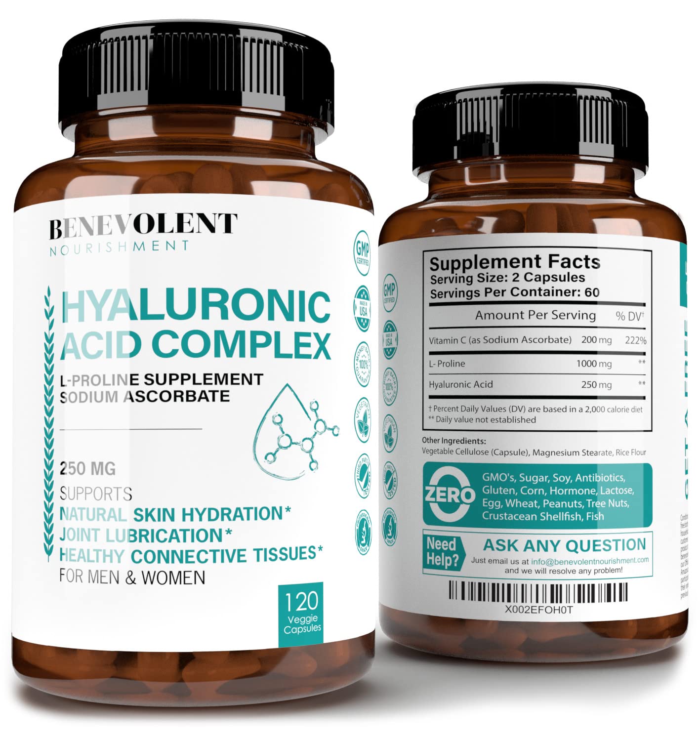 Benevolent Nourishment Hyaluronic Acid Supplement 120 veggie capsules front view