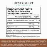 Benevolent Nourishment Hyaluronic Acid Supplement bottle with a green plant background
