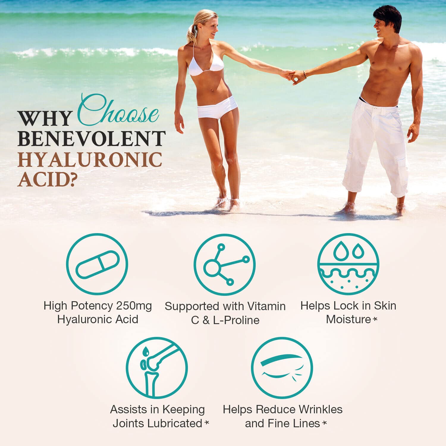 Benevolent Nourishment Hyaluronic Acid Supplement capsules in a glass