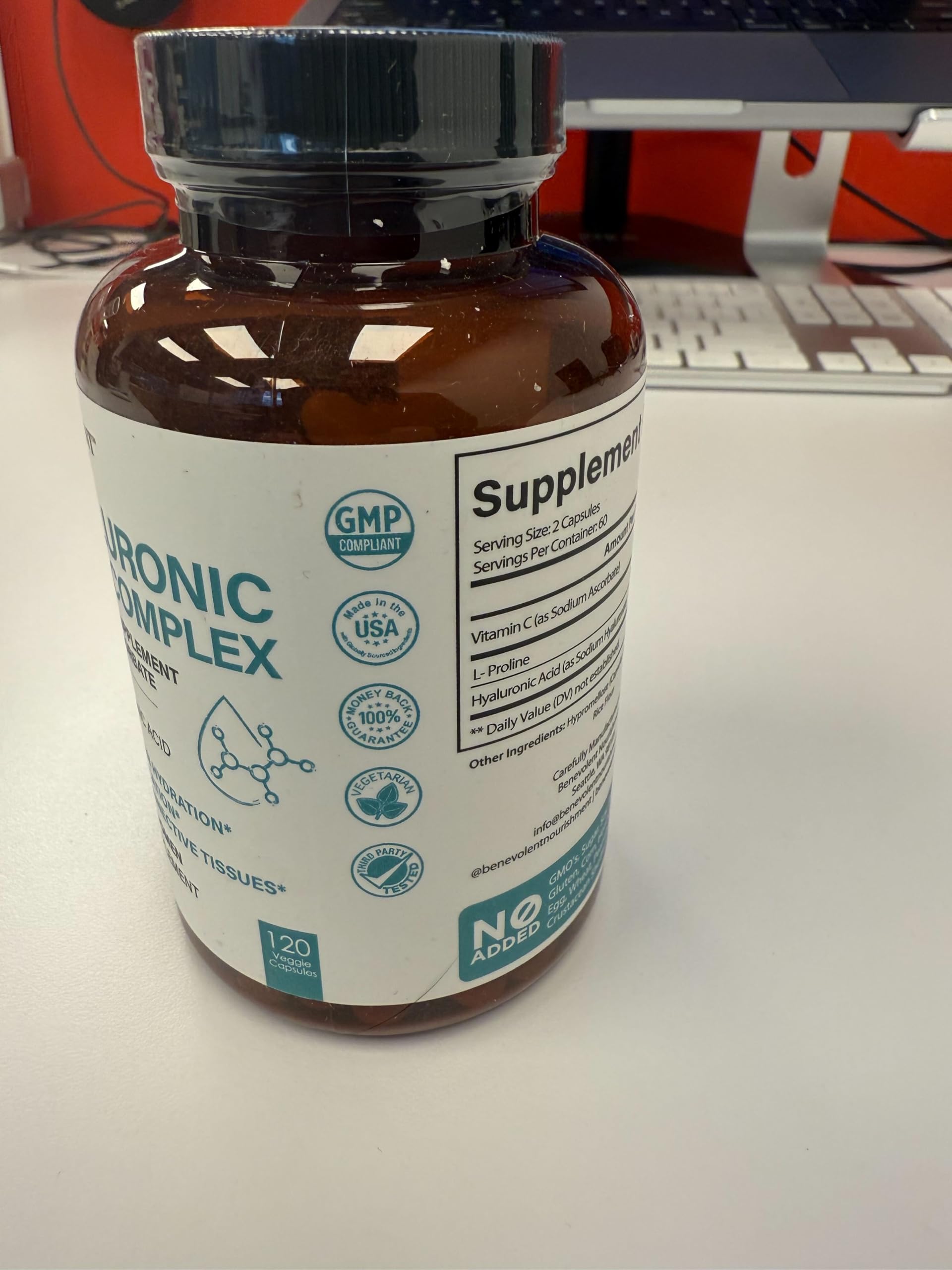 Benevolent Nourishment Hyaluronic Acid Supplement ingredients list close-up