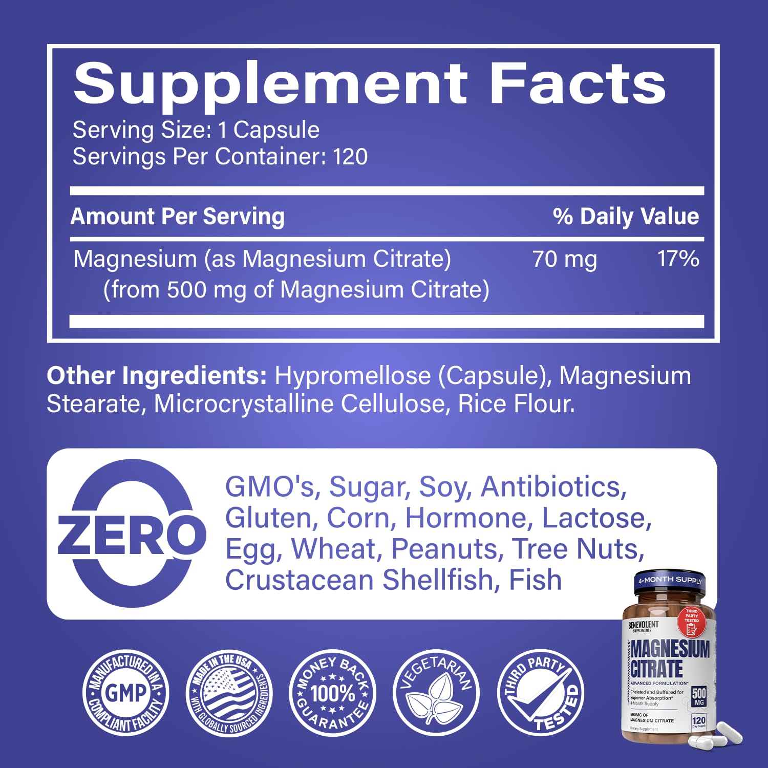 Benevolent Nourishment Magnesium Citrate Capsules 500mg bottle with label