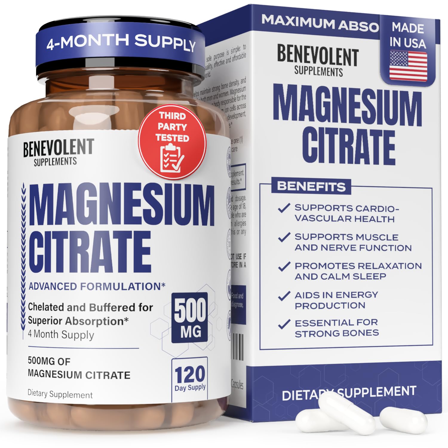 Benevolent Nourishment Magnesium Citrate Capsules 500mg front view