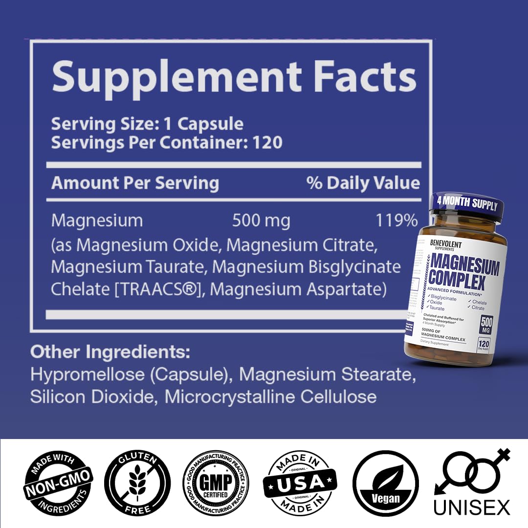 Benevolent Nourishment Magnesium Complex 500mg on a wooden table