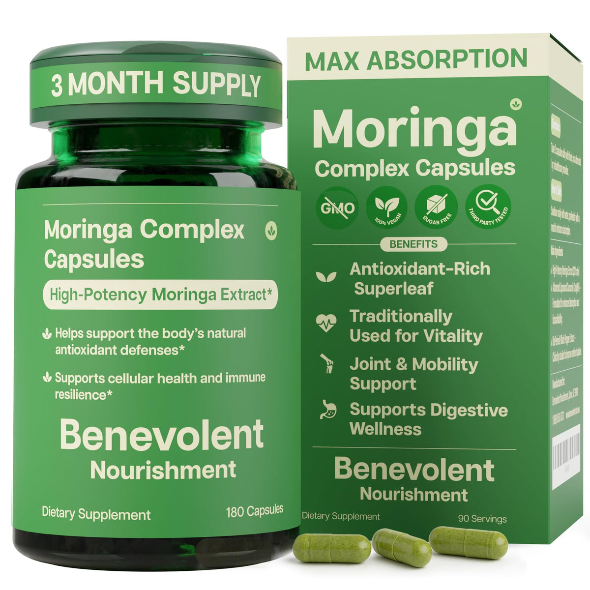 Benevolent Nourishment Moringa Leaf Capsules 1000mg front view
