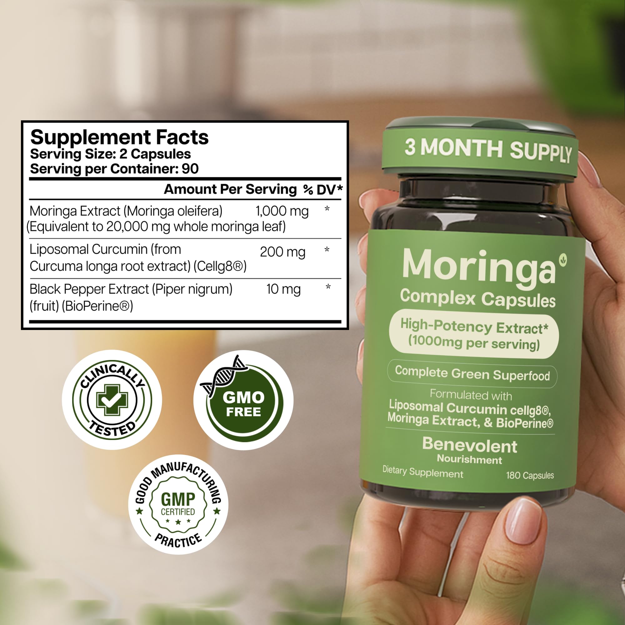 Benevolent Nourishment Moringa Leaf Capsules 1000mg packaging details
