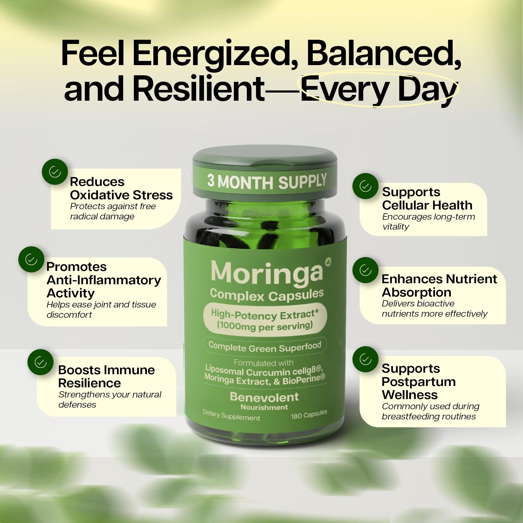 Benevolent Nourishment Moringa Leaf Capsules 1000mg side view