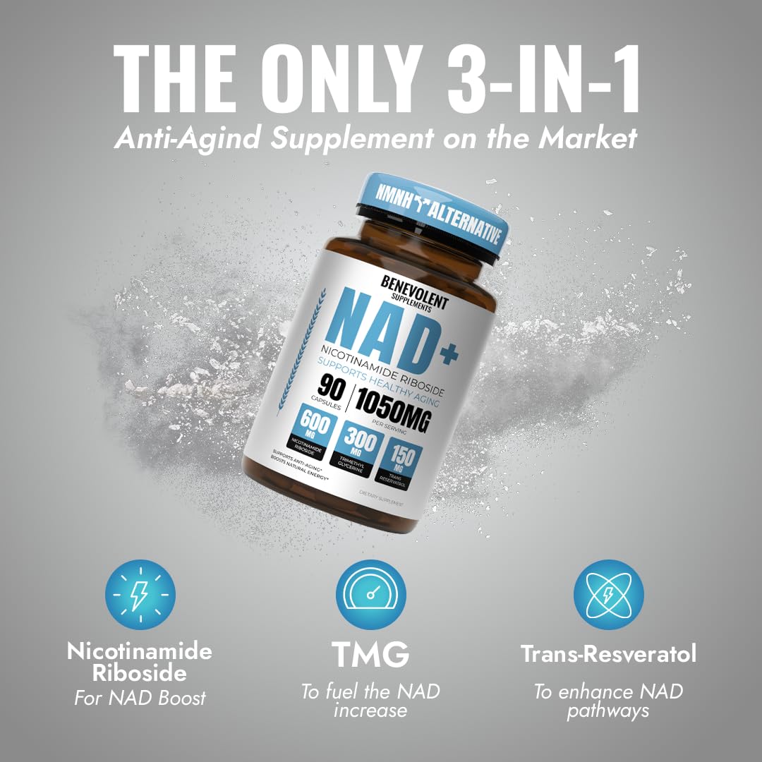 Benevolent Nourishment NAD Resveratrol Supplement bottle with measuring spoon