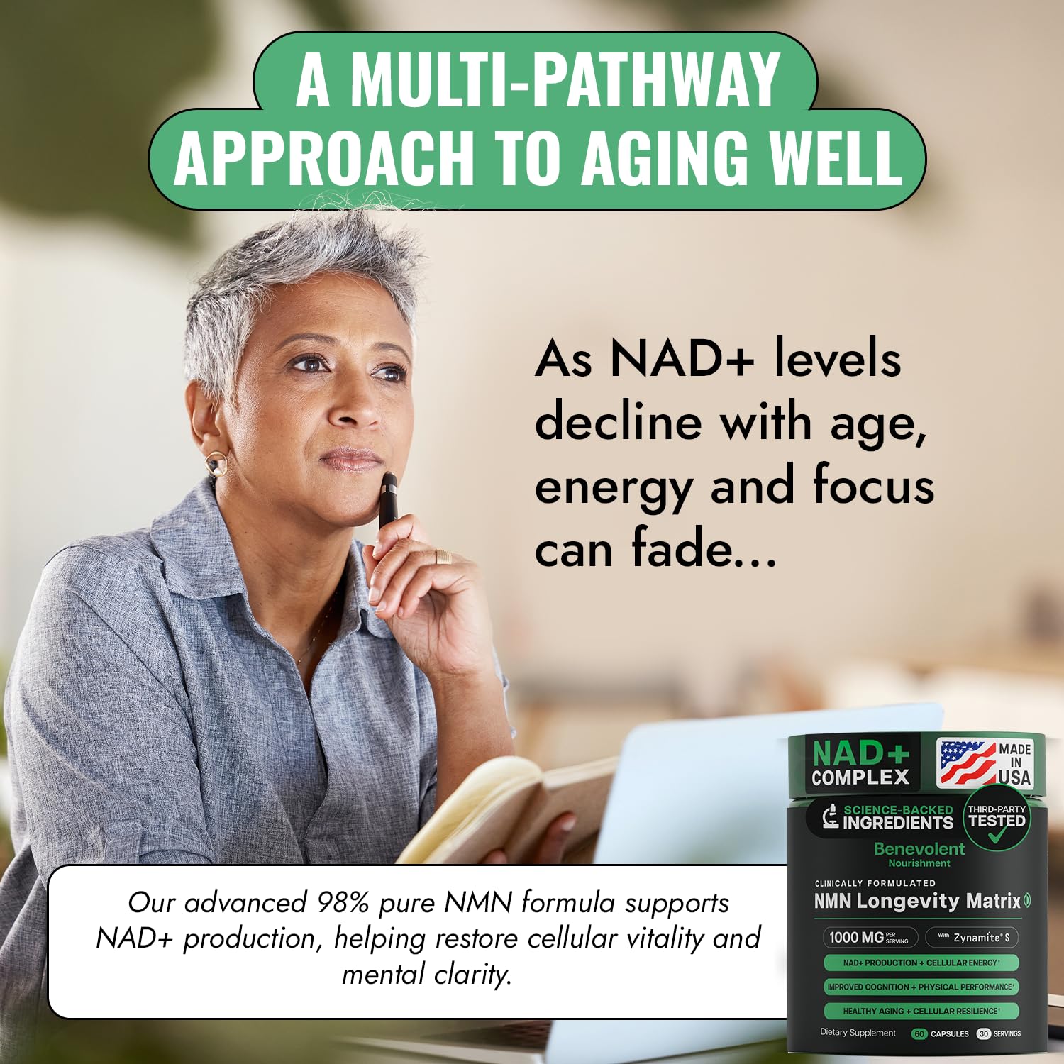 Benevolent Nourishment NMN Supplement 1000mg capsule close-up