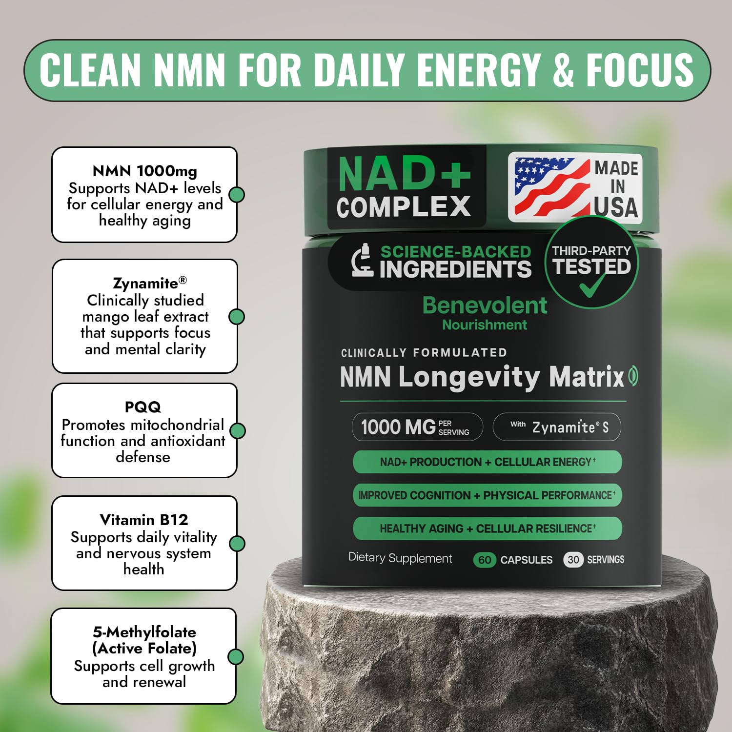 Benevolent Nourishment NMN Supplement bottle with label