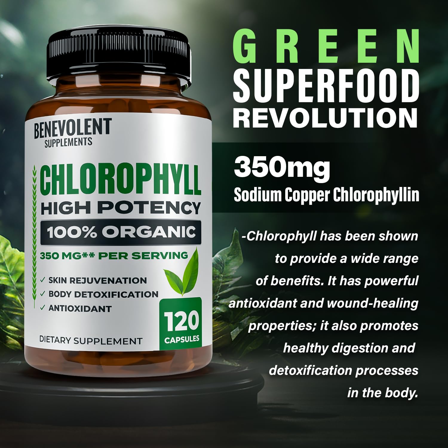 Benevolent Nourishment Organic Chlorophyll Capsules on a wooden table