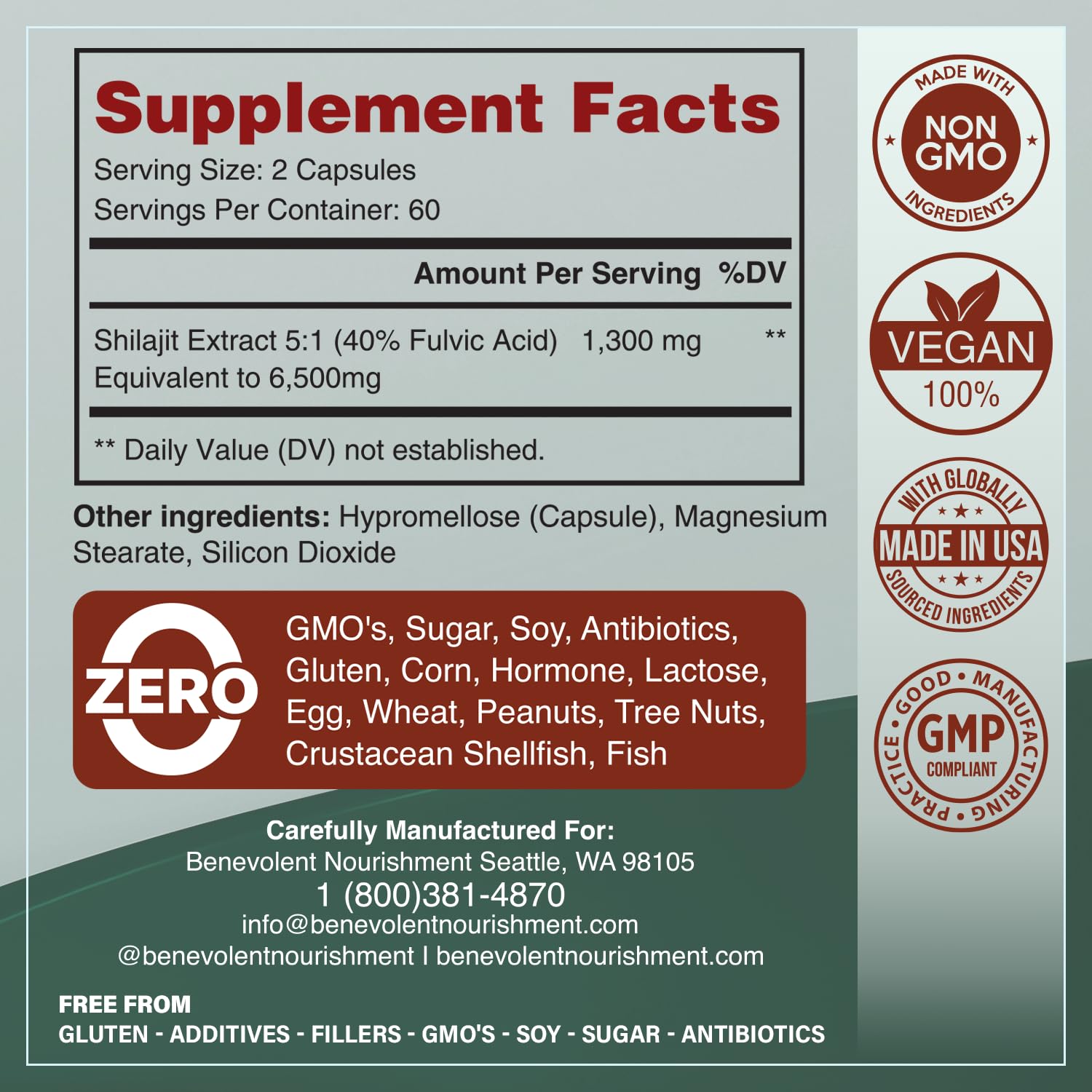 Benevolent Nourishment Shilajit Capsules back view with ingredient list