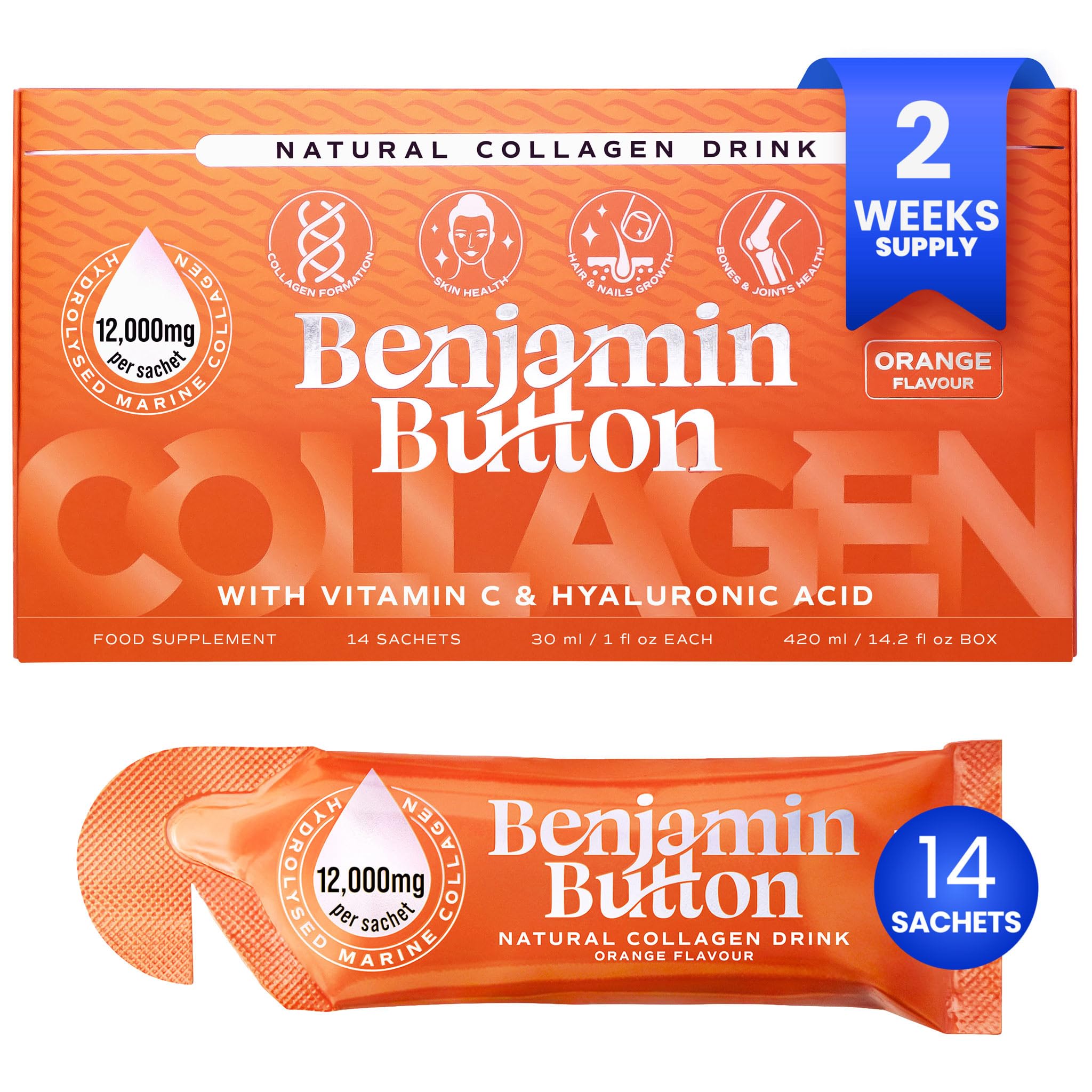 Benjamin Button Collagen Supplement 12,000mg liquid sachets front view