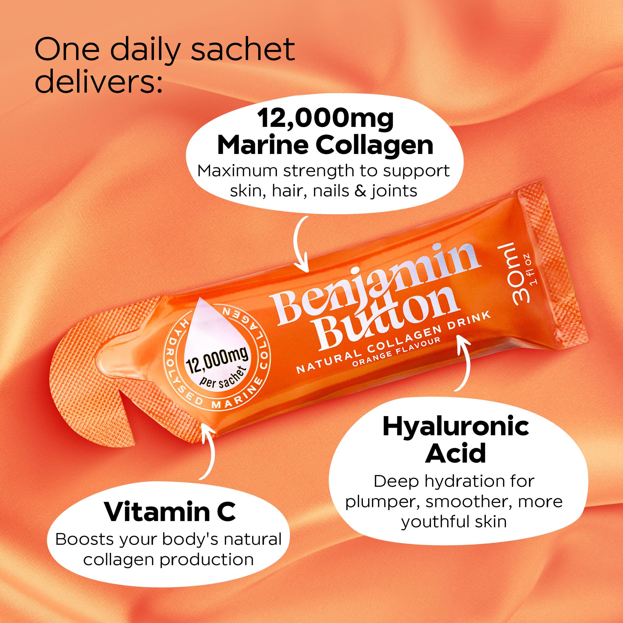 Benjamin Button Collagen Supplement 12,000mg sachets packaging