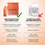 Benjamin Button Collagen Supplement sachet next to a glass of water