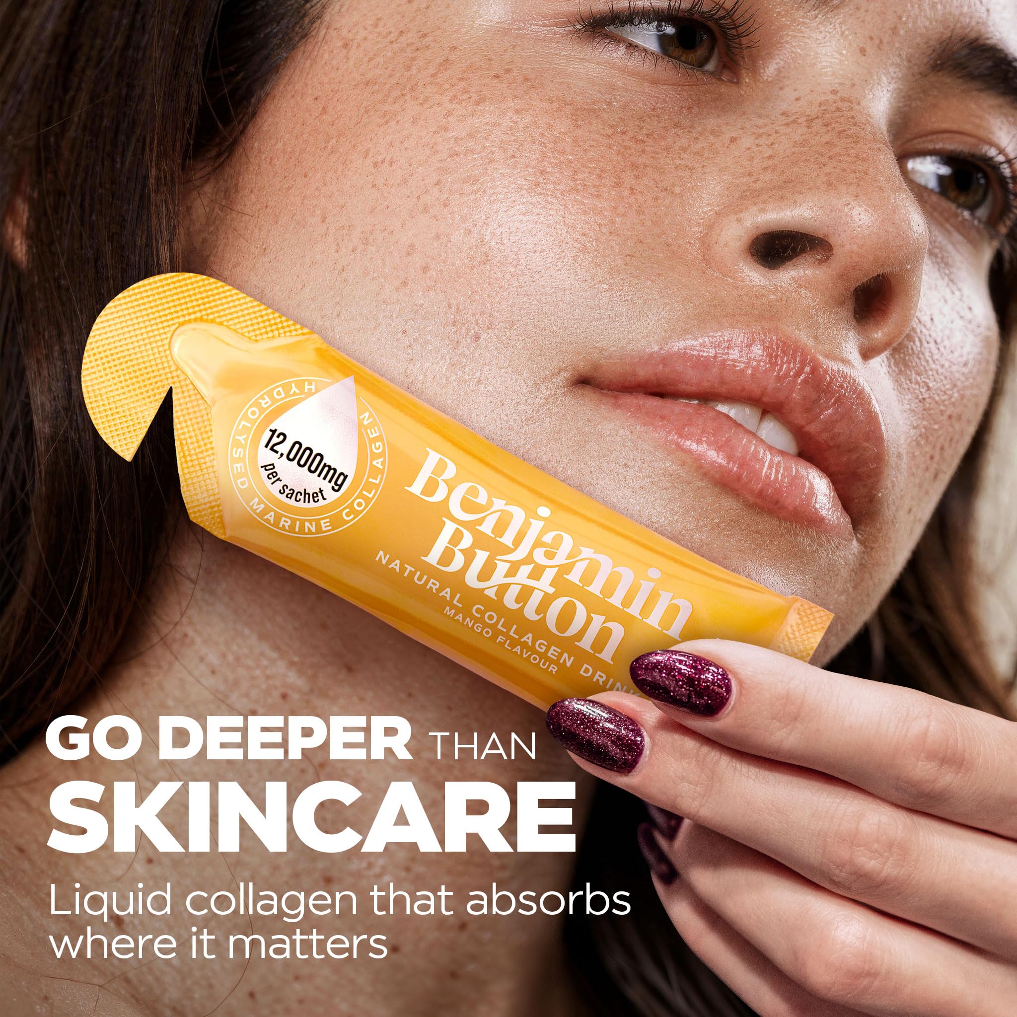 Benjamin Button Marine Collagen Liquid Supplement on a kitchen counter