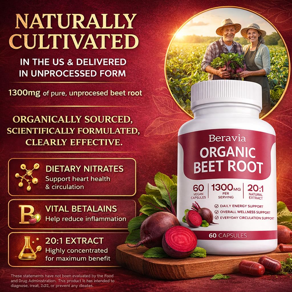 Beravia Organic Beet Root Capsules 1300mg bottle with label