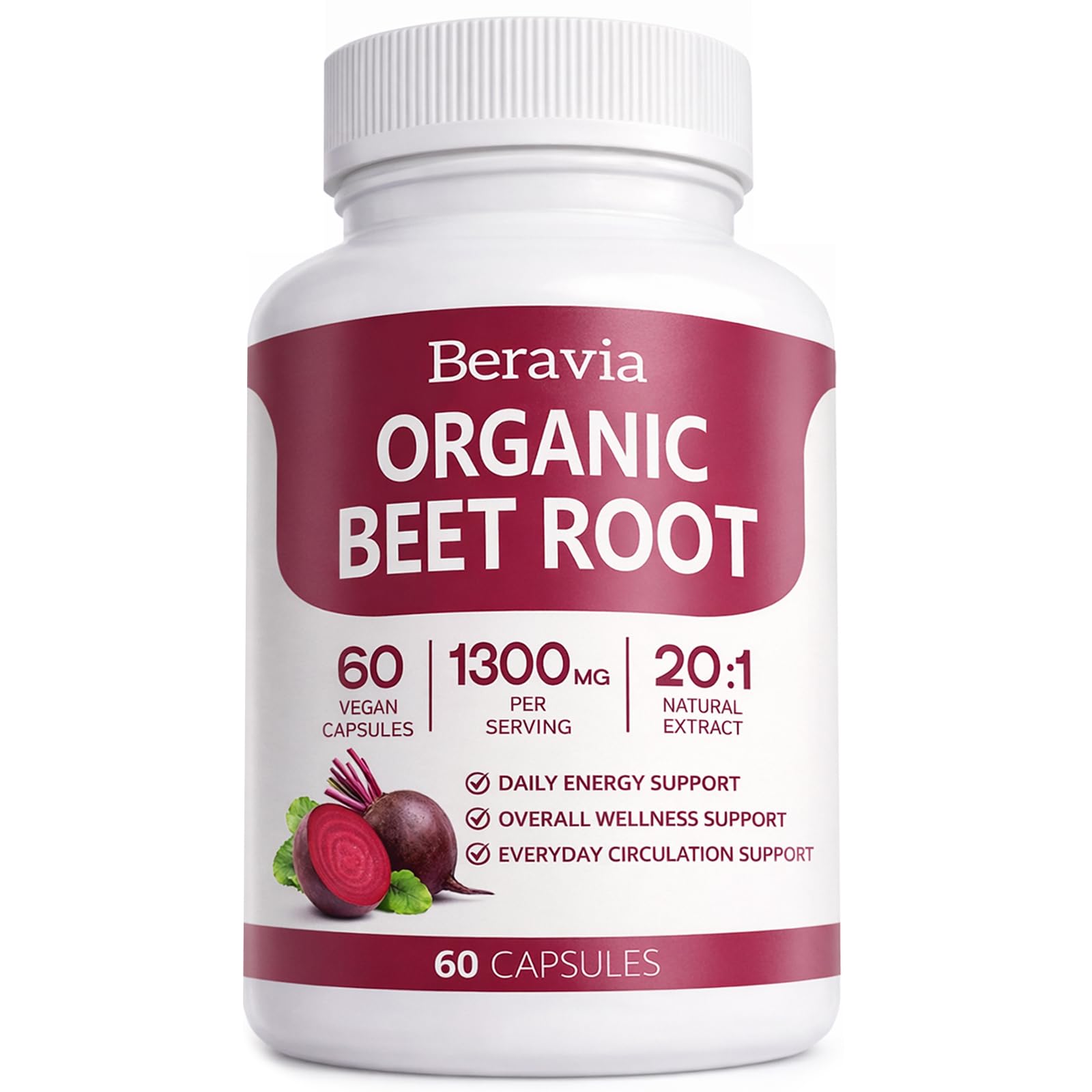 Beravia Organic Beet Root Capsules 1300mg front view