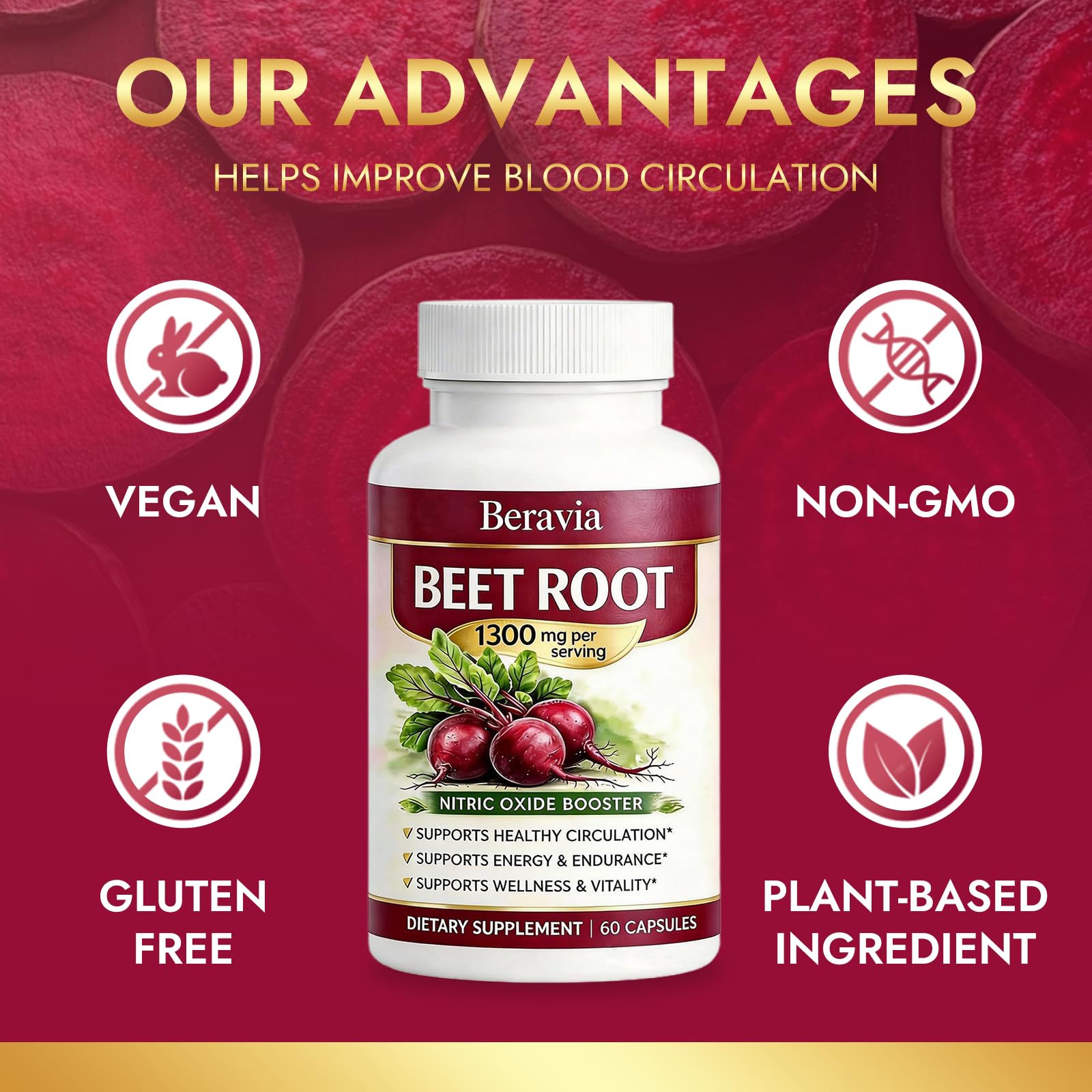 Beravia Organic Beetroot Capsules 1300mg capsules on a surface