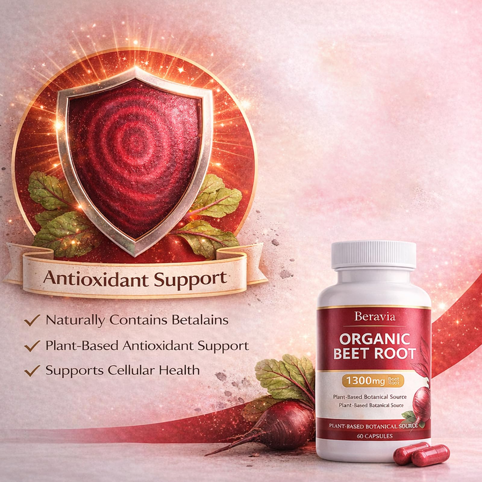Beravia Organic Beetroot Capsules with fresh beetroot background