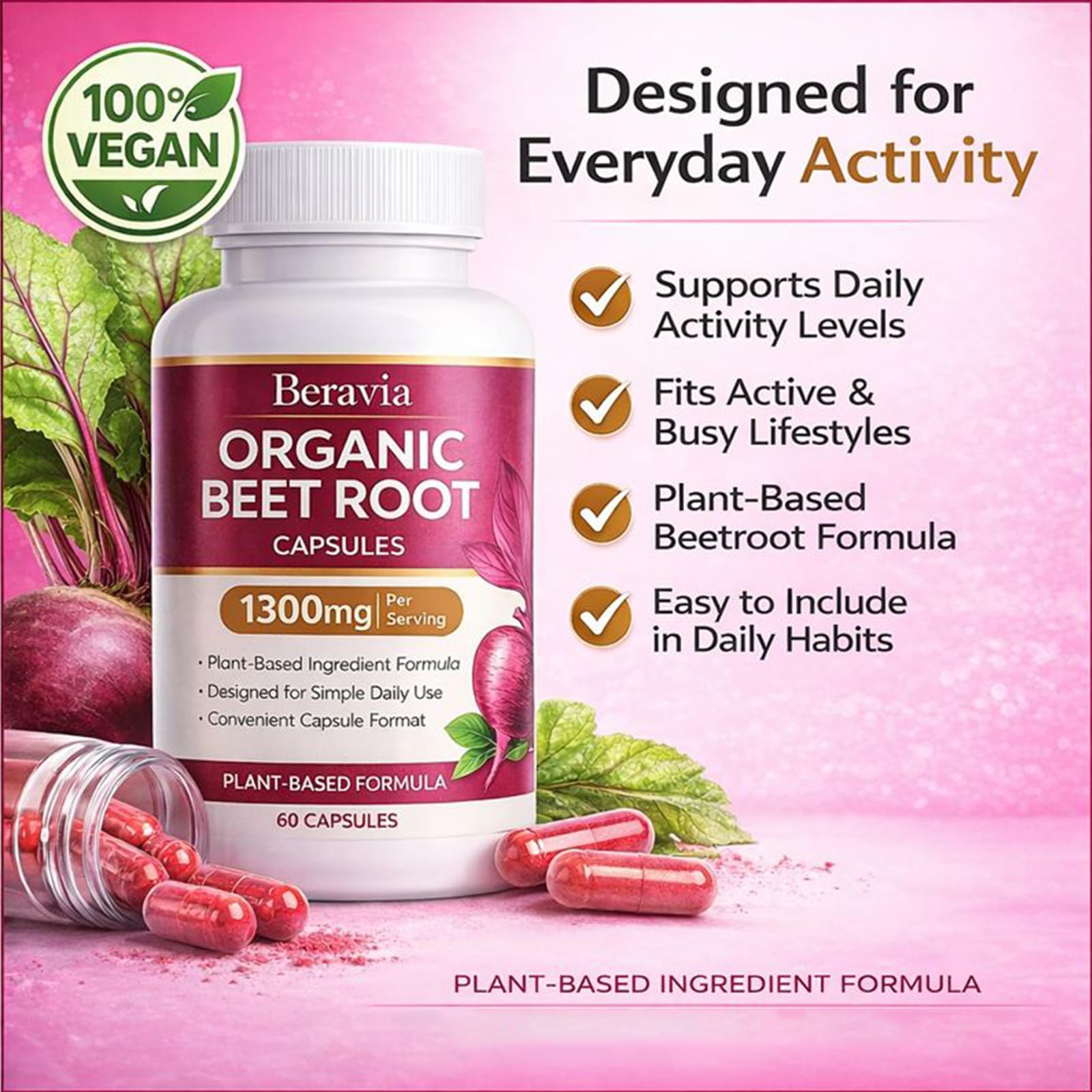 Beravia Organic Beetroot Capsules with nutritional information on label