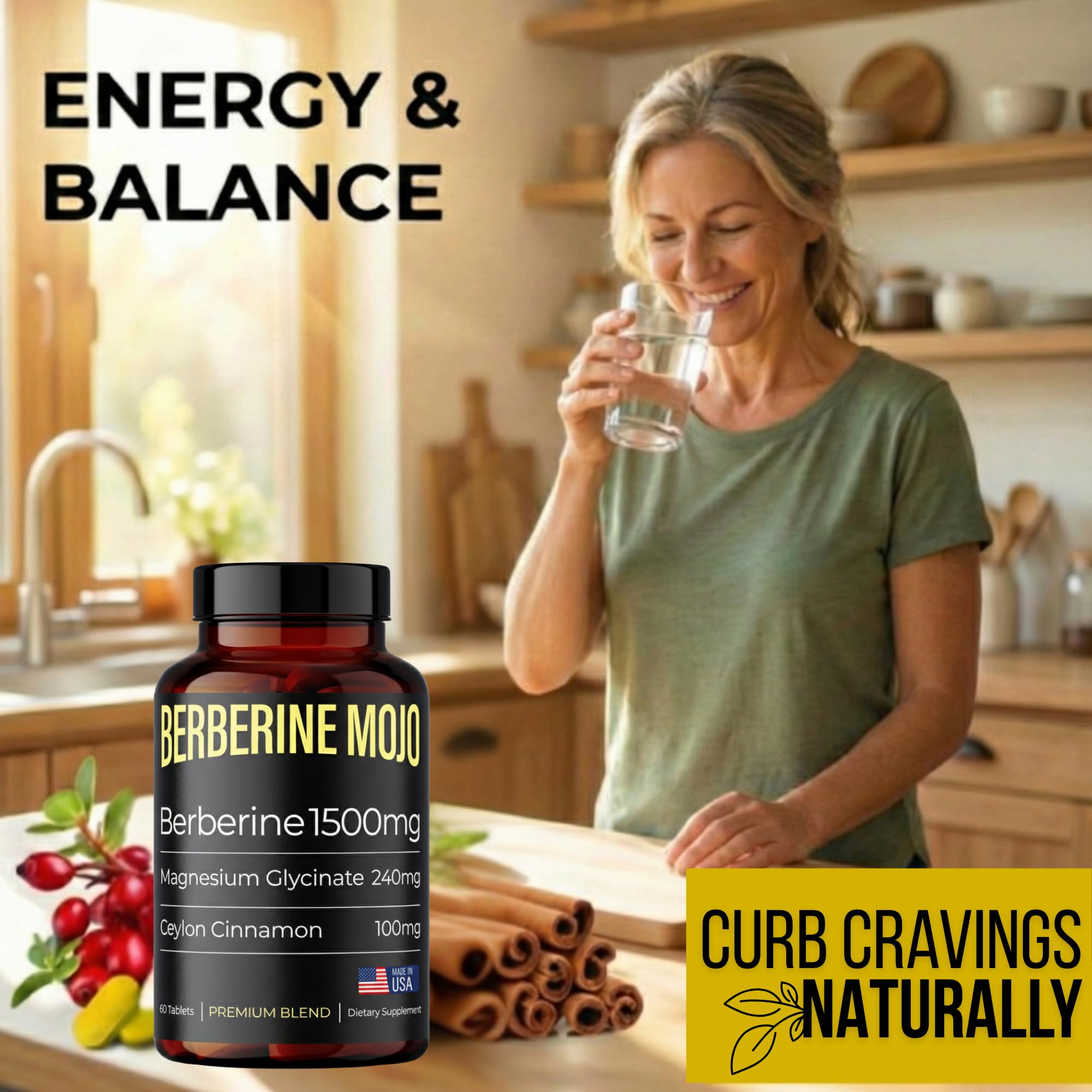 Berberine Mojo Herbal Supplement 1500mg tablet with a measuring spoon