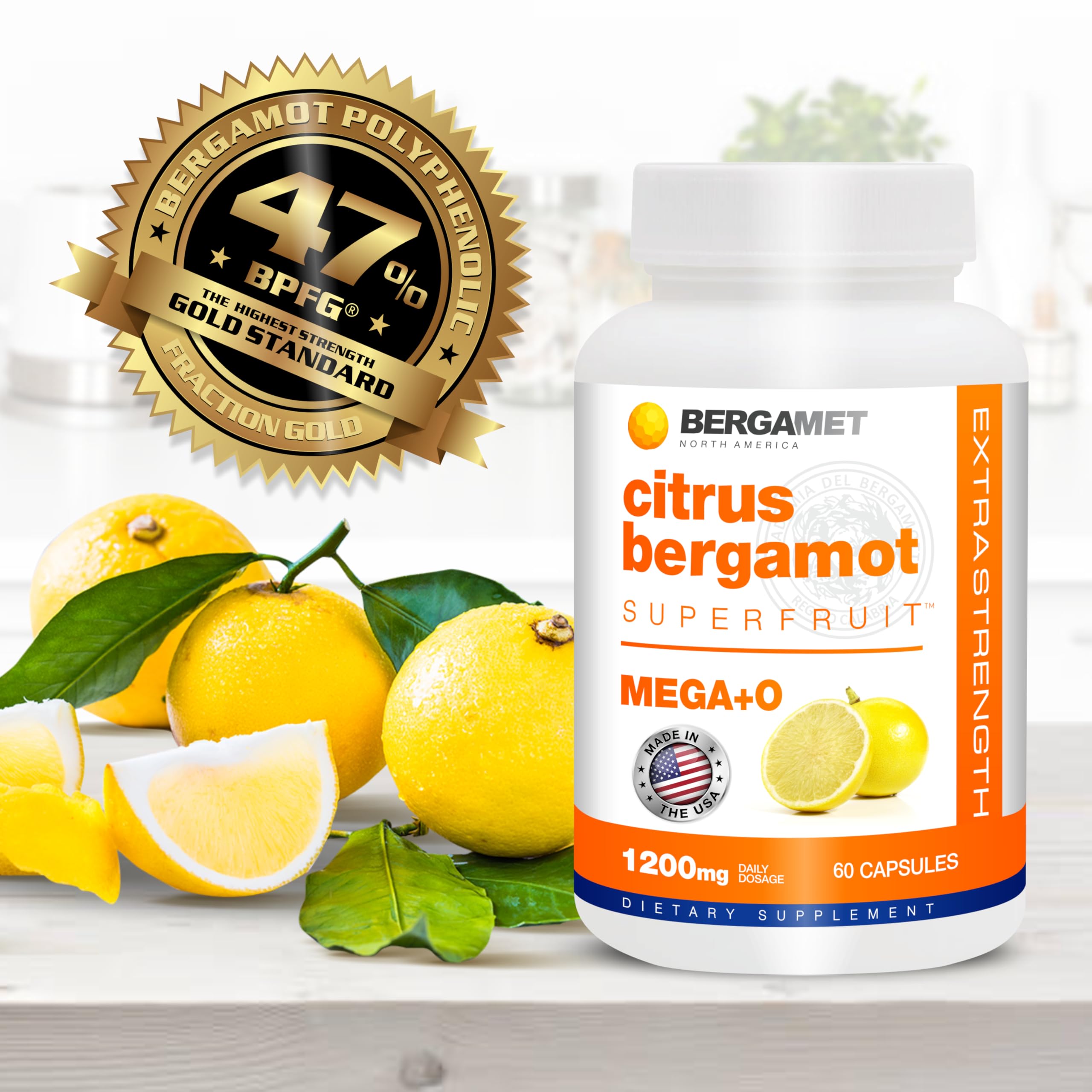 BergaMet Citrus Bergamot Supplement capsules on a wooden table