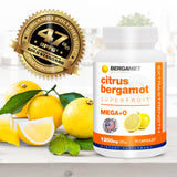 BergaMet Citrus Bergamot Supplement capsules on a wooden table