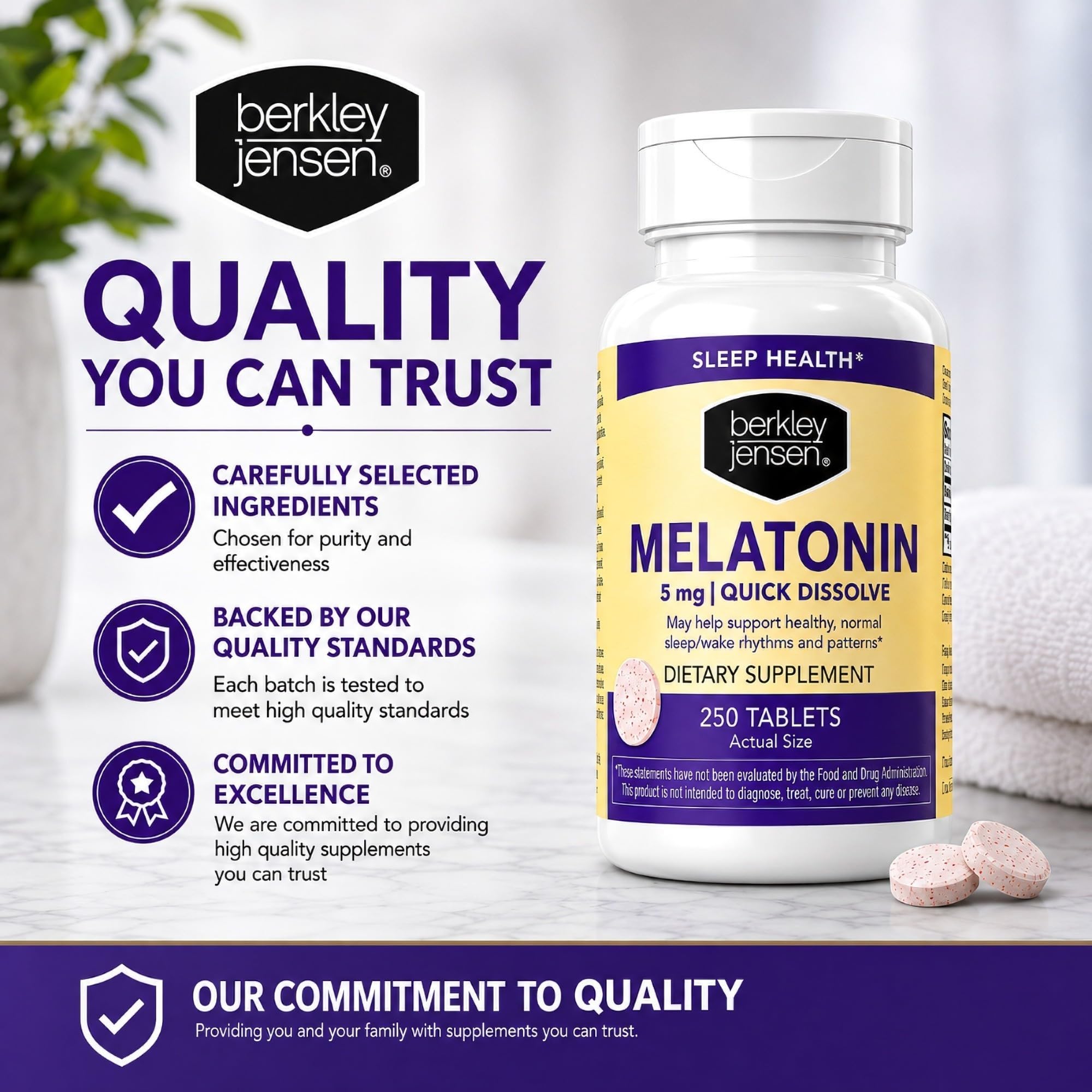 Berkley Jensen Melatonin 5 mg Quick Dissolve Tablets with dosage information