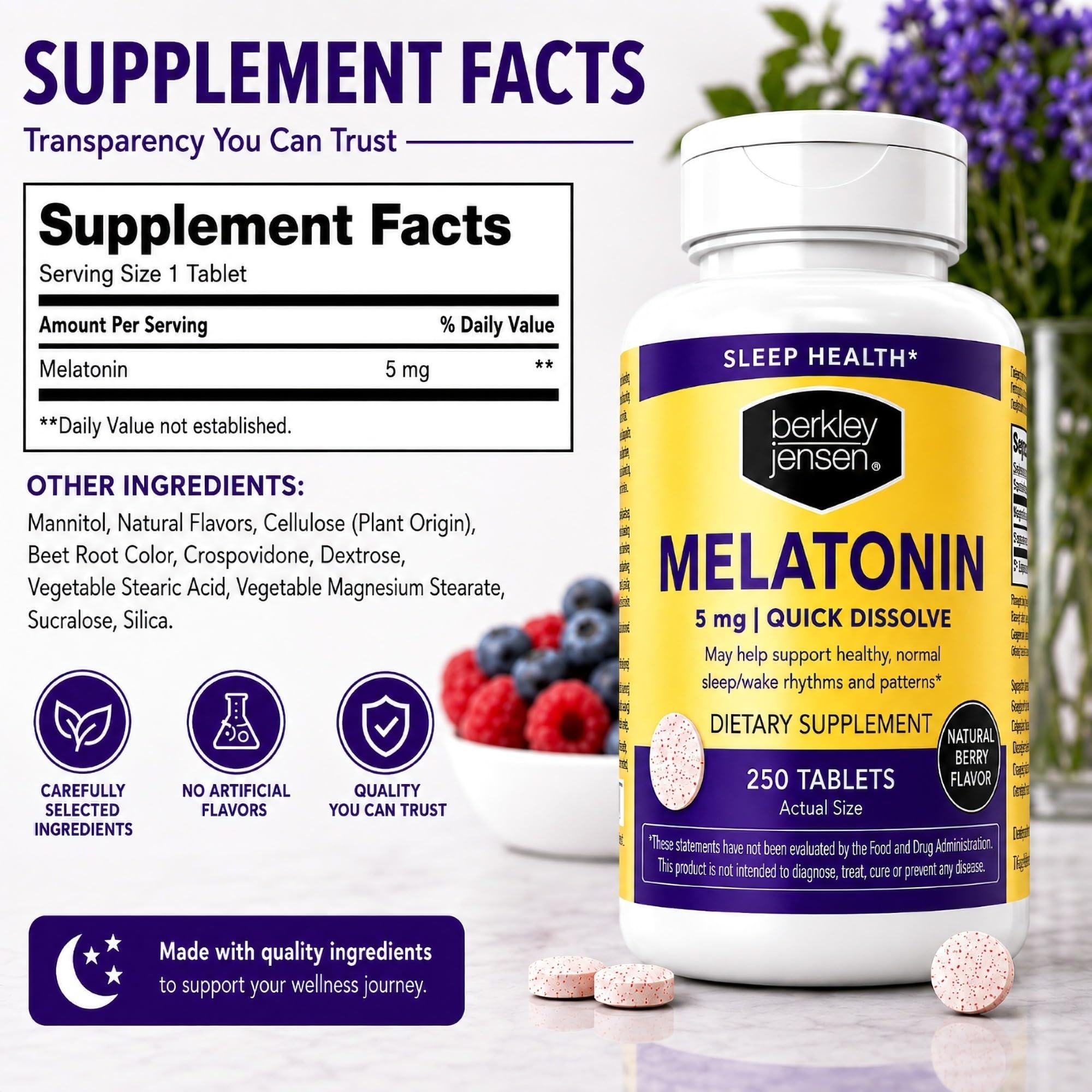 Berkley Jensen Melatonin 5 mg Quick Dissolve Tablets with natural berry flavour