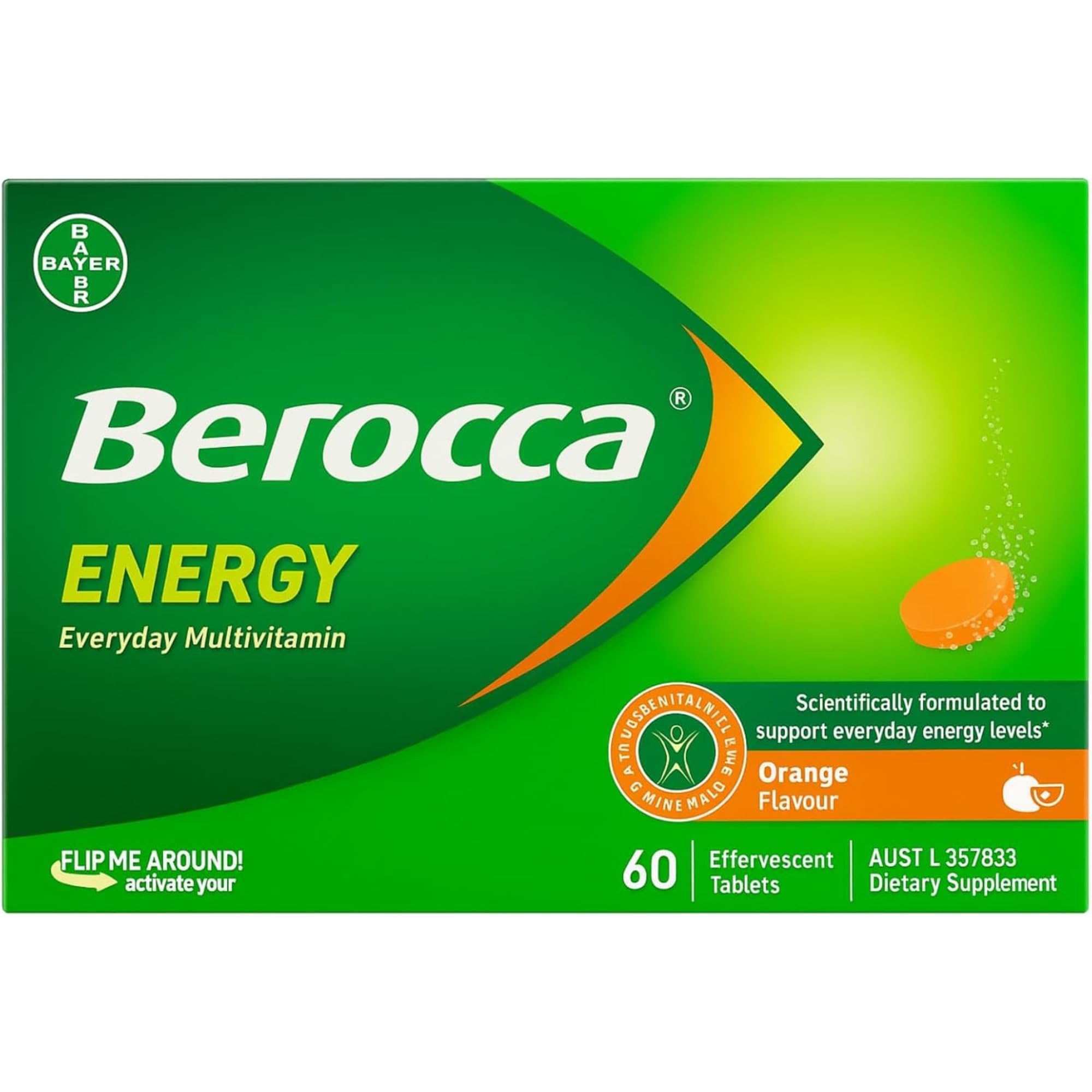 Berocca effervescent multivitamin tablets orange flavour front view