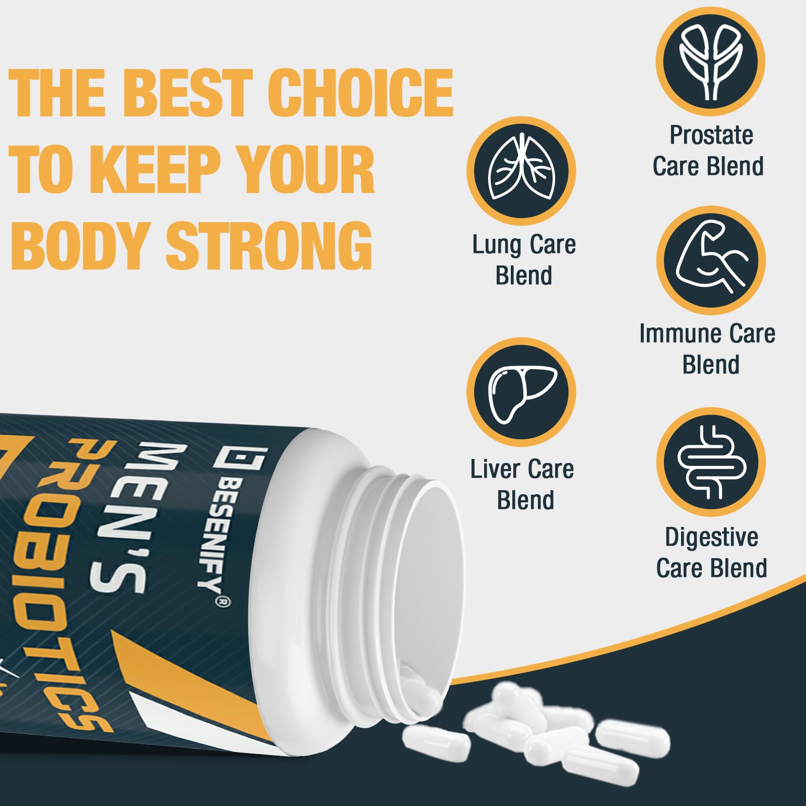 Besenify Probiotics bottle side view showing 60 capsules