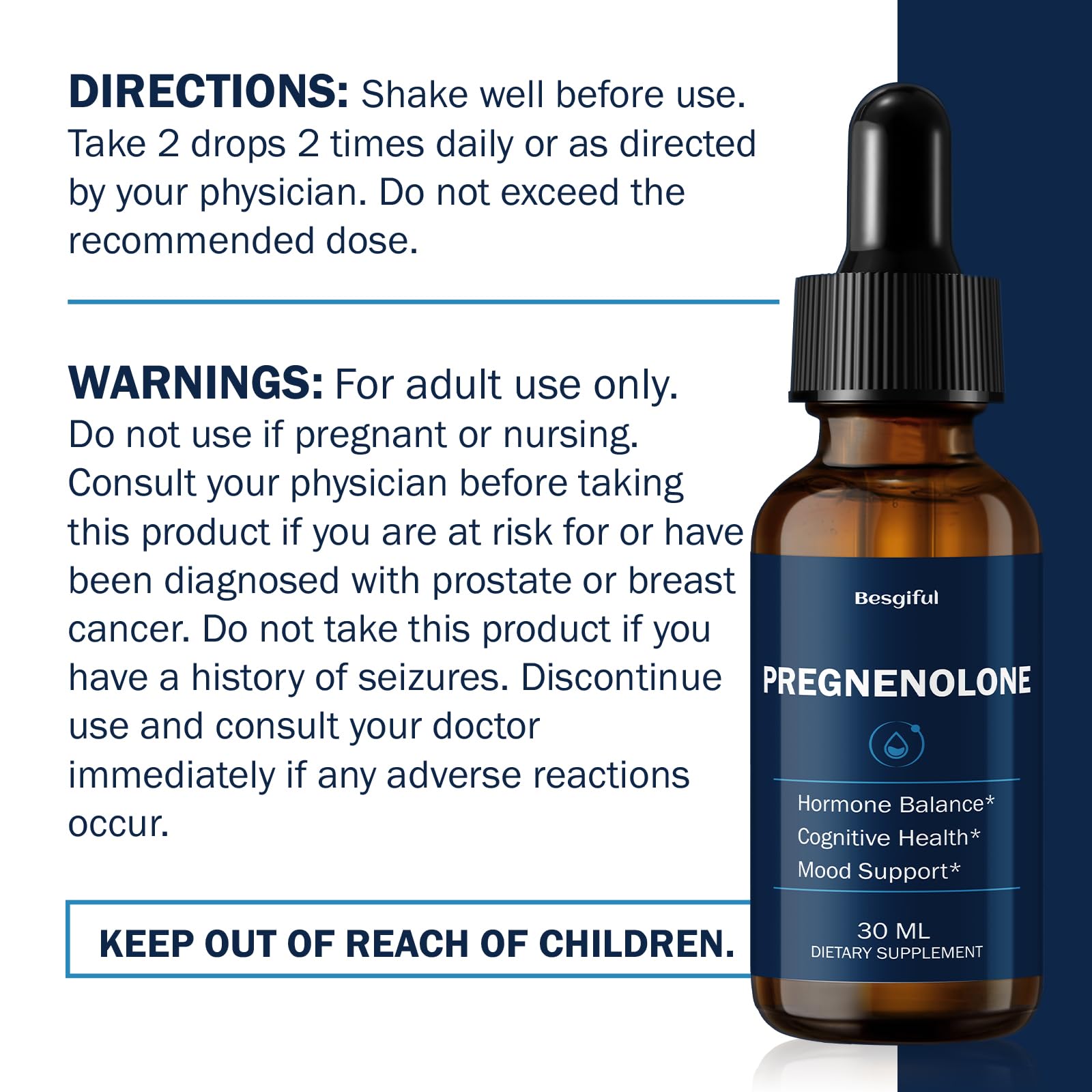 Besgiful Pregnenolone Drops close-up of label