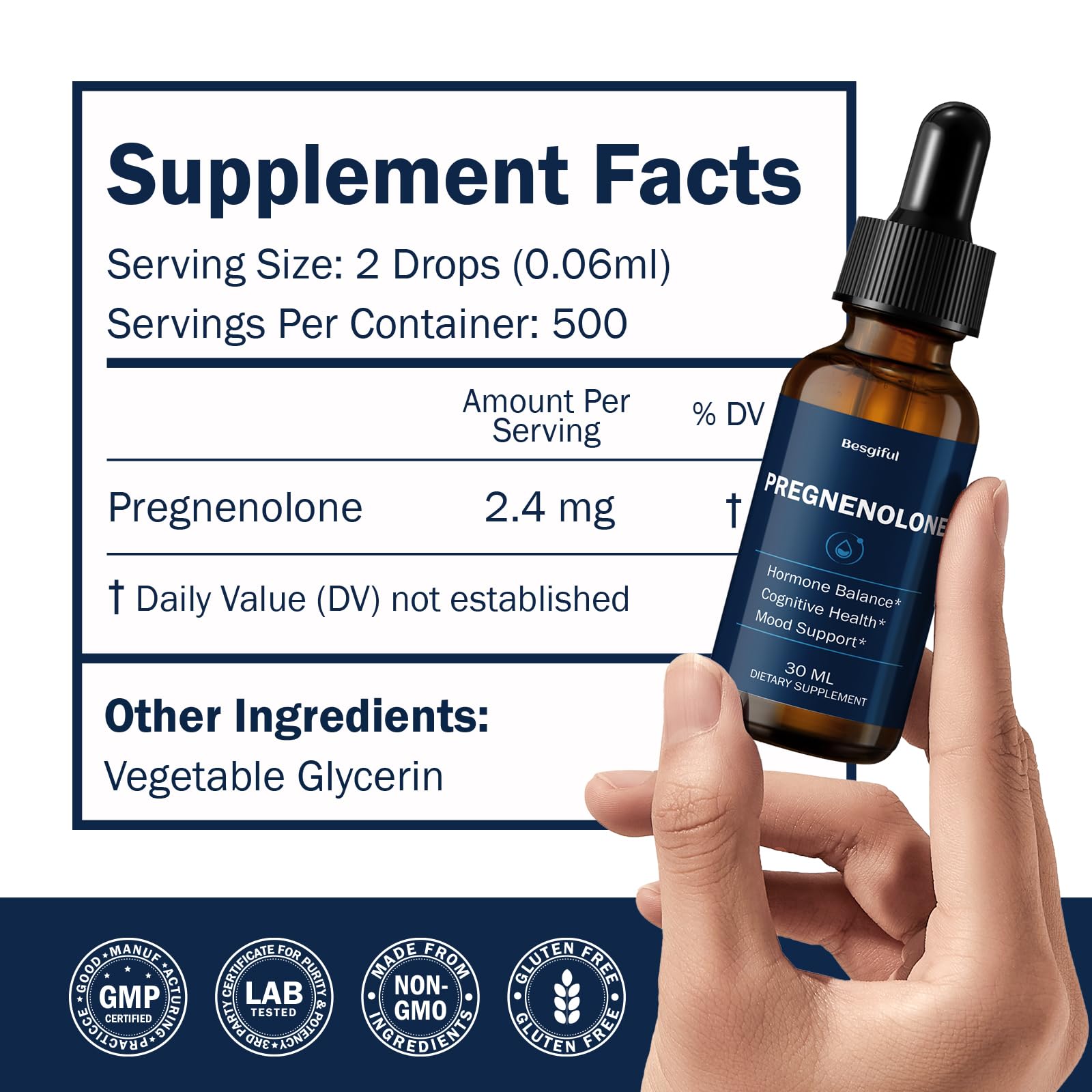 Besgiful Pregnenolone Drops ingredients list on packaging