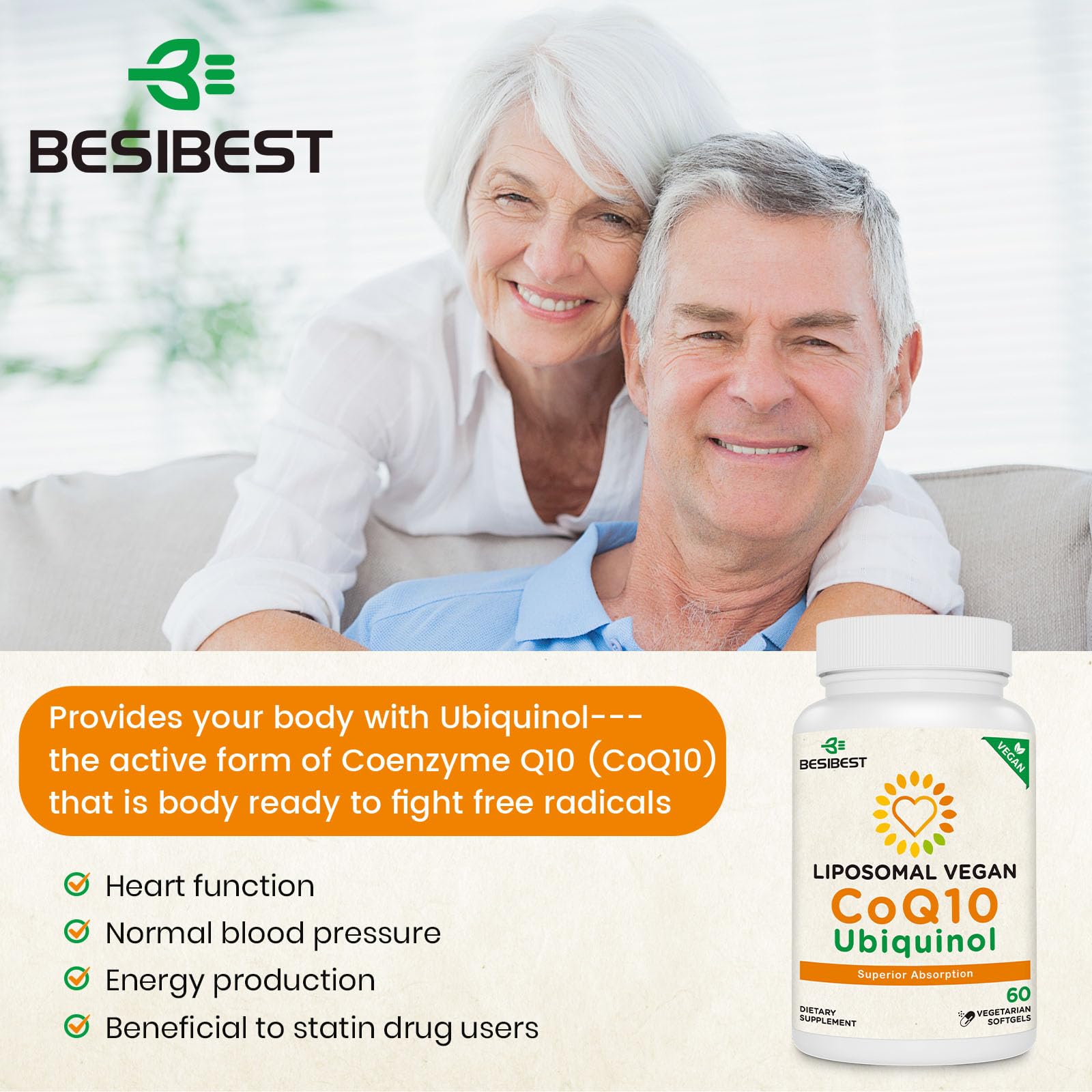 Besibest CoQ10 Ubiquinol 1000mg supplement bottle with label