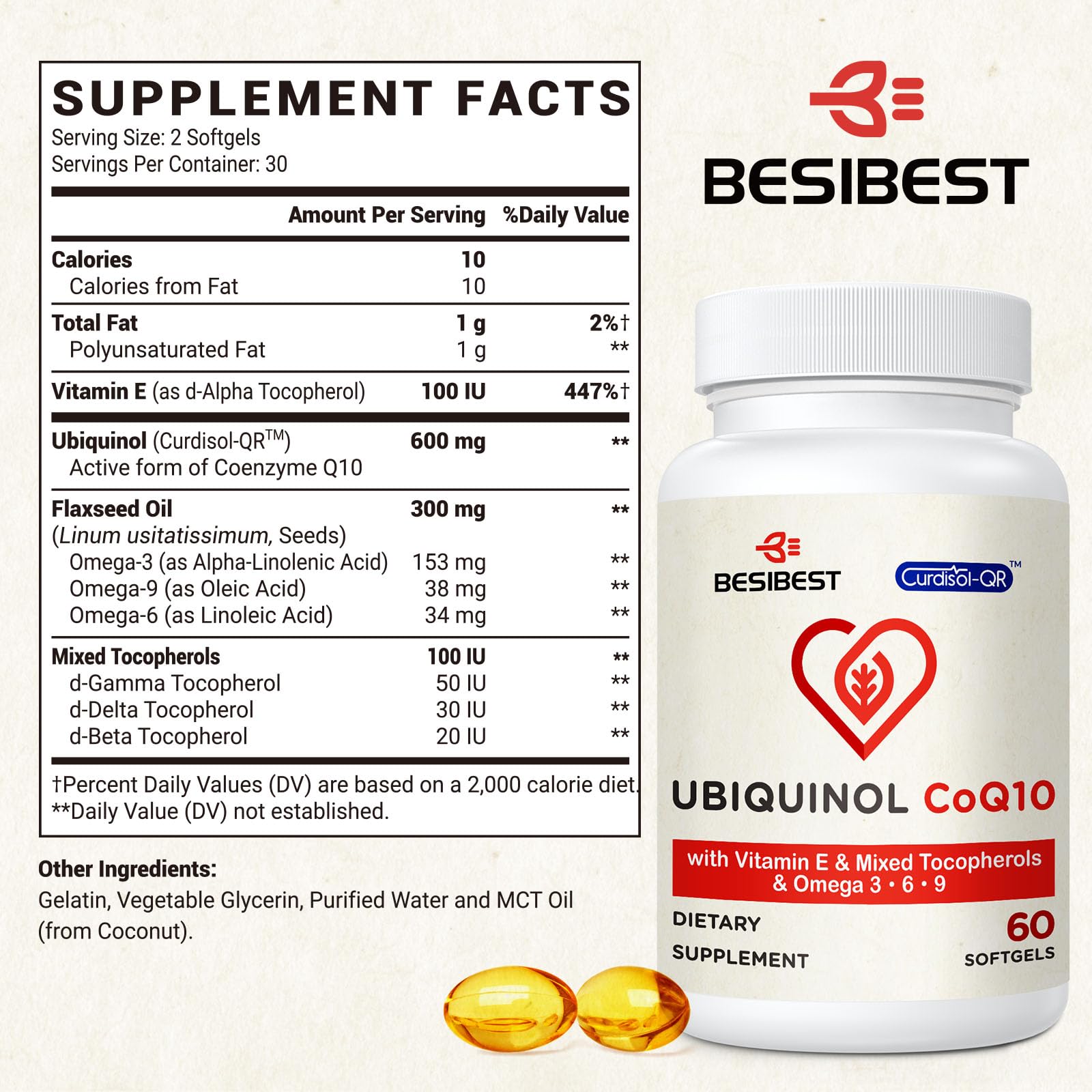 Besibest Ubiquinol CoQ10 600MG Softgels side view