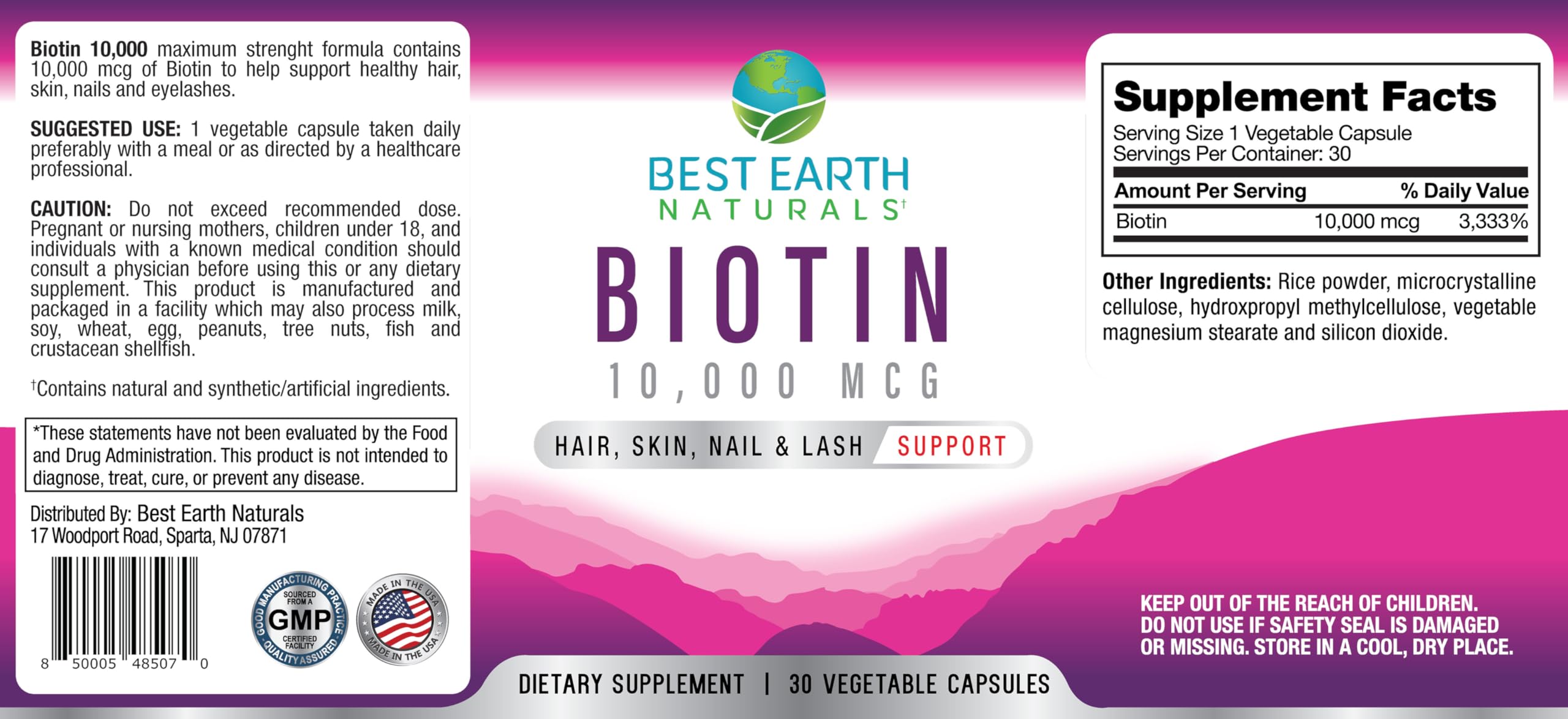 Best Earth Naturals Biotin Supplement 10,000mcg bottle with label