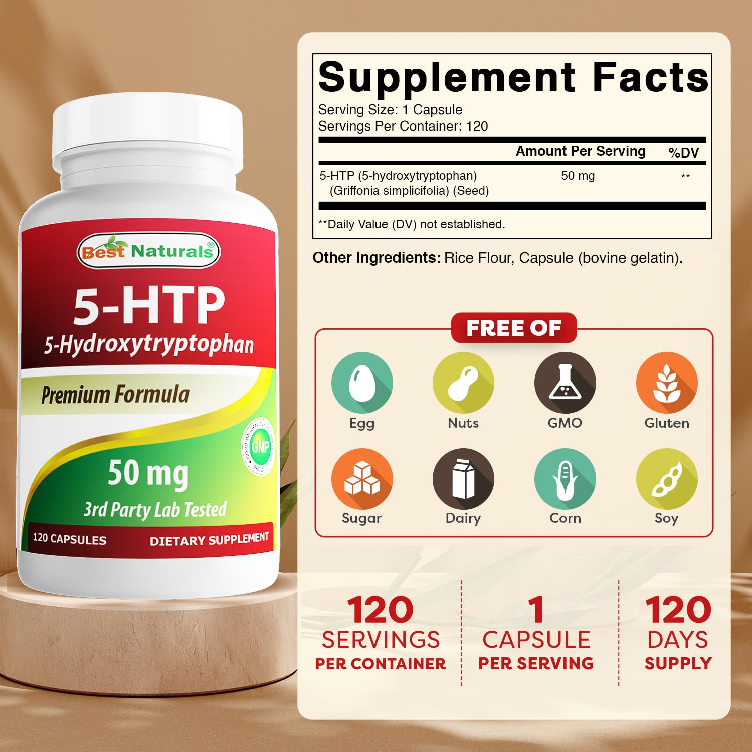 Best Naturals 5-HTP Capsules bottle side view