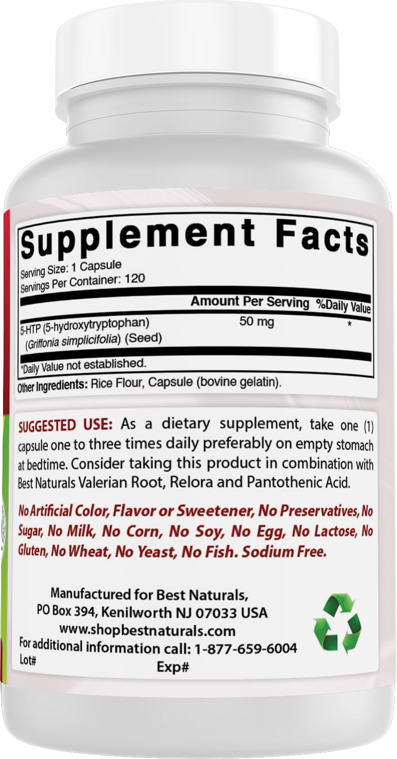 Best Naturals 5-HTP Capsules on a wooden table
