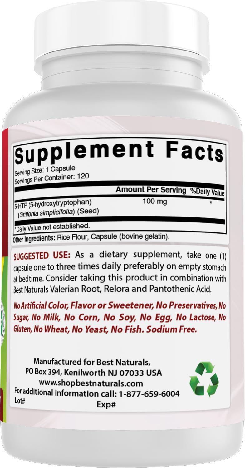 Best Naturals 5-HTP capsules on a wooden table