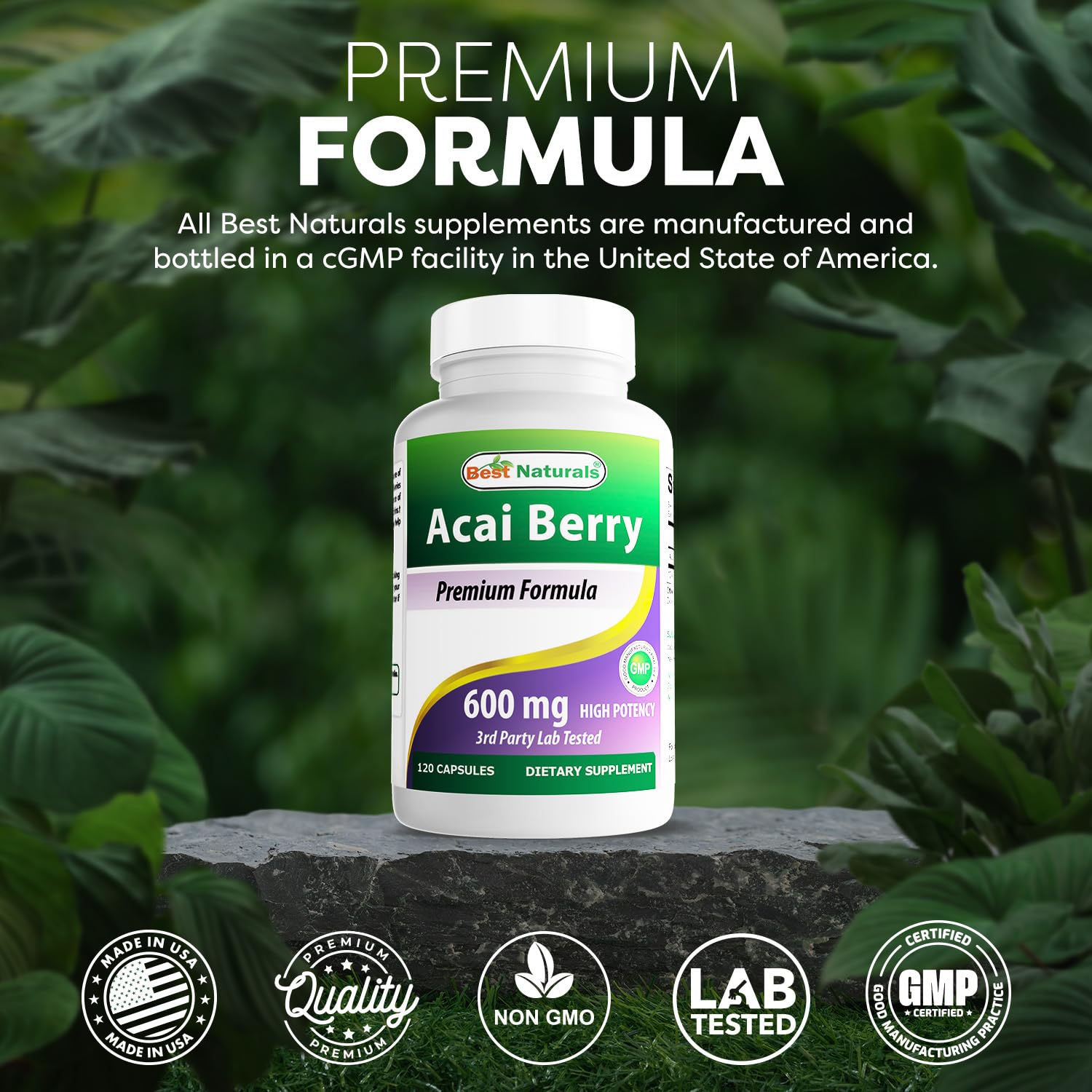 Best Naturals Acai Berry 600 mg supplement on a wooden table