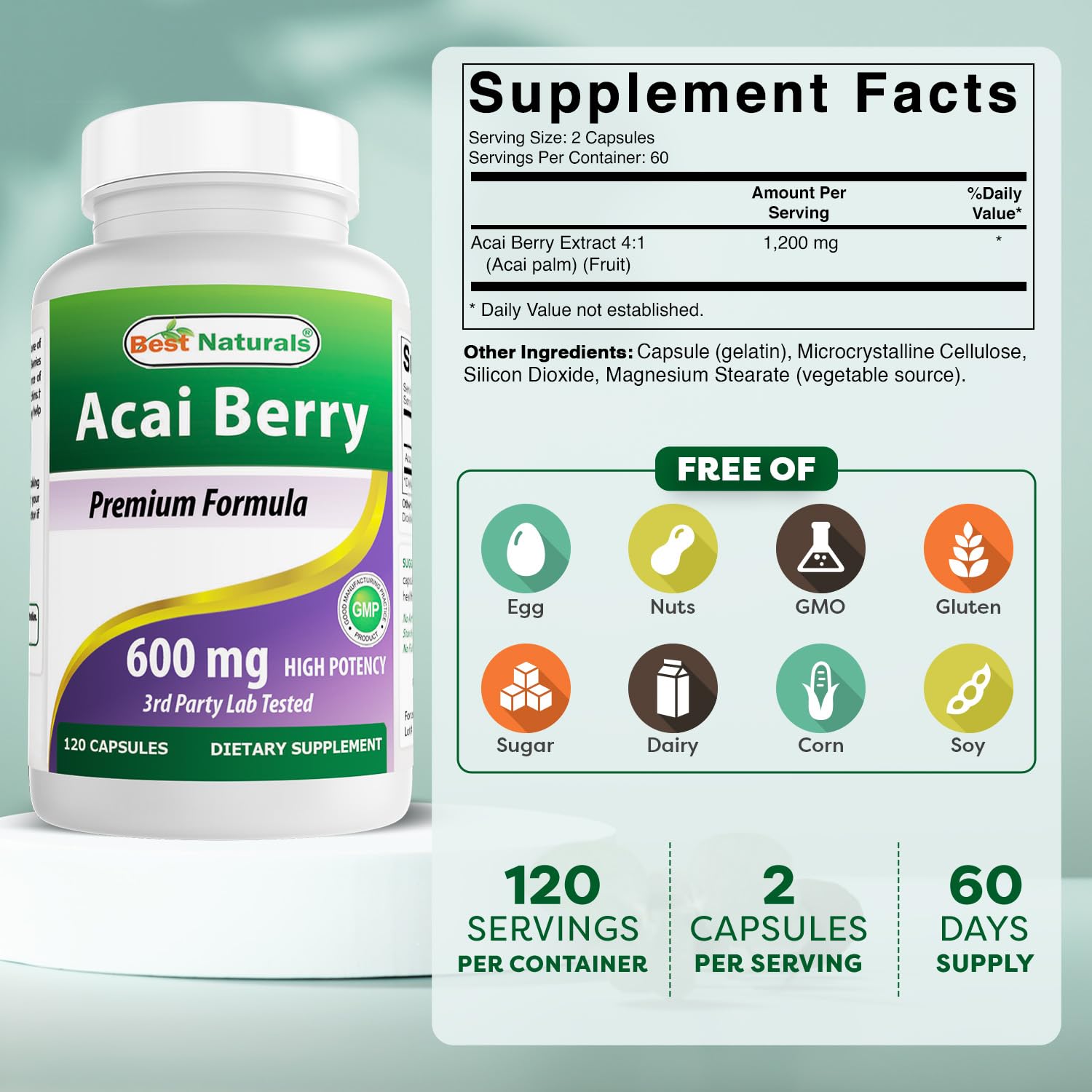 Best Naturals Acai Berry 600 mg supplement side view