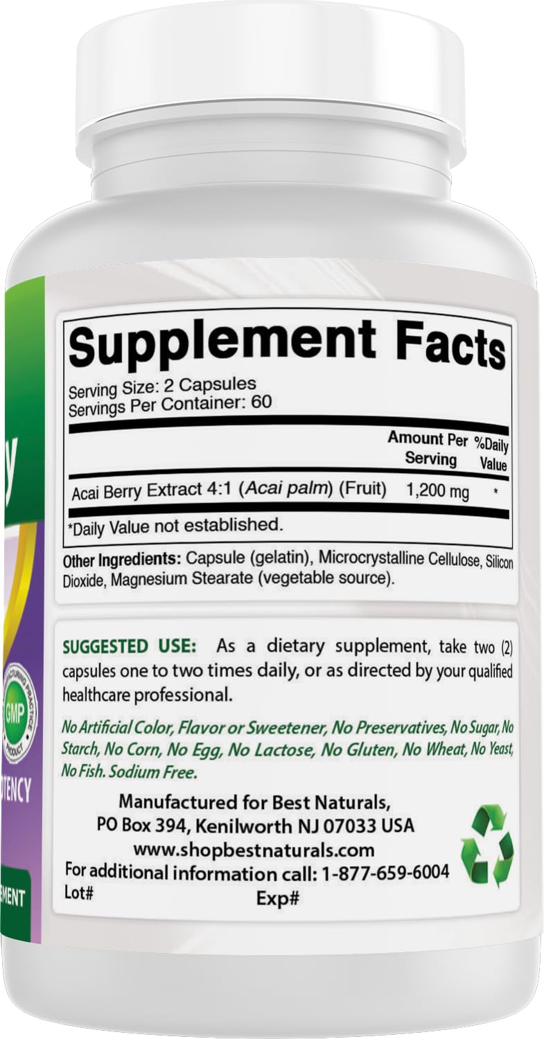 Best Naturals Acai Berry 600 mg supplement with measuring spoon