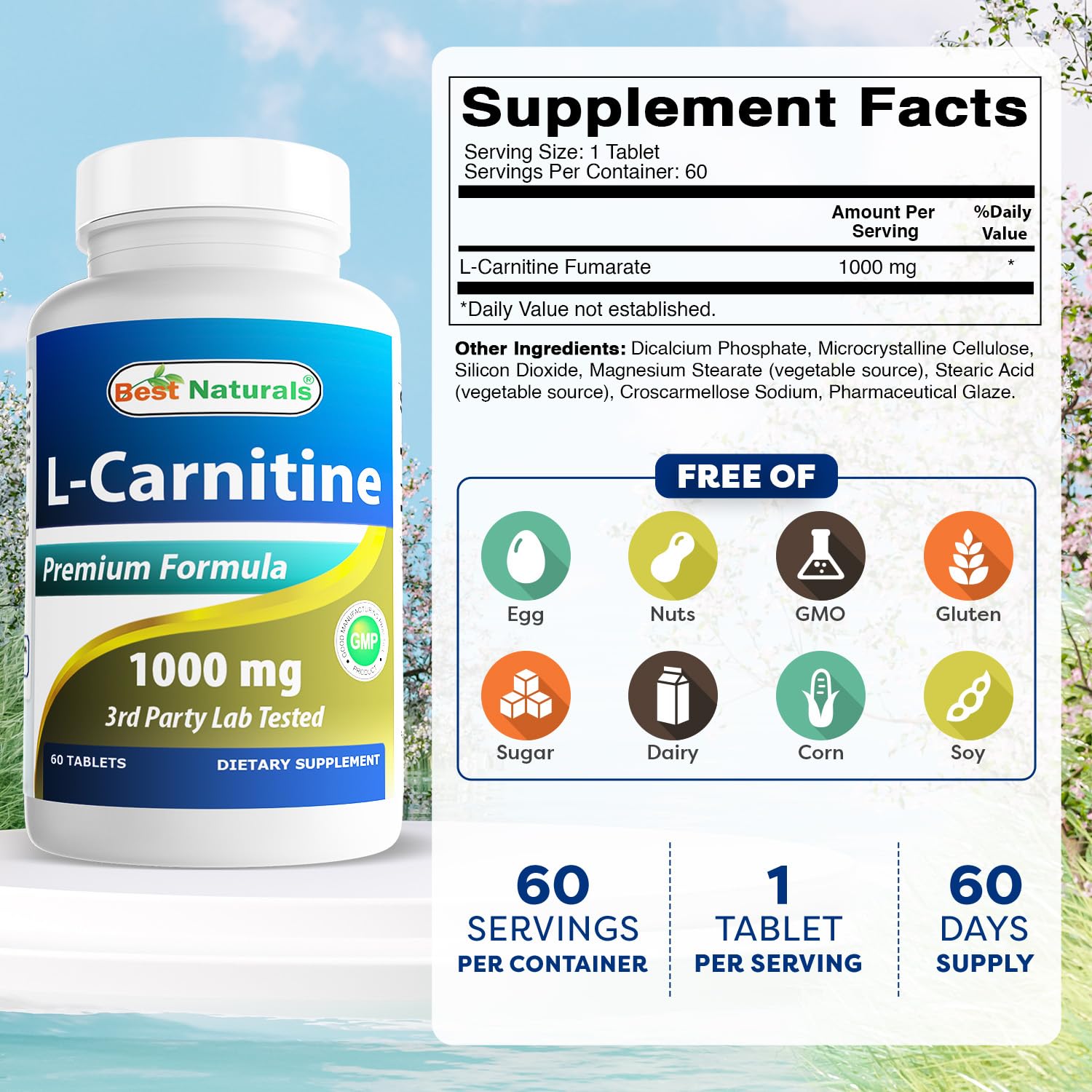 Best Naturals Acetyl-L-Carnitine 1000mg 60 Tablets side view