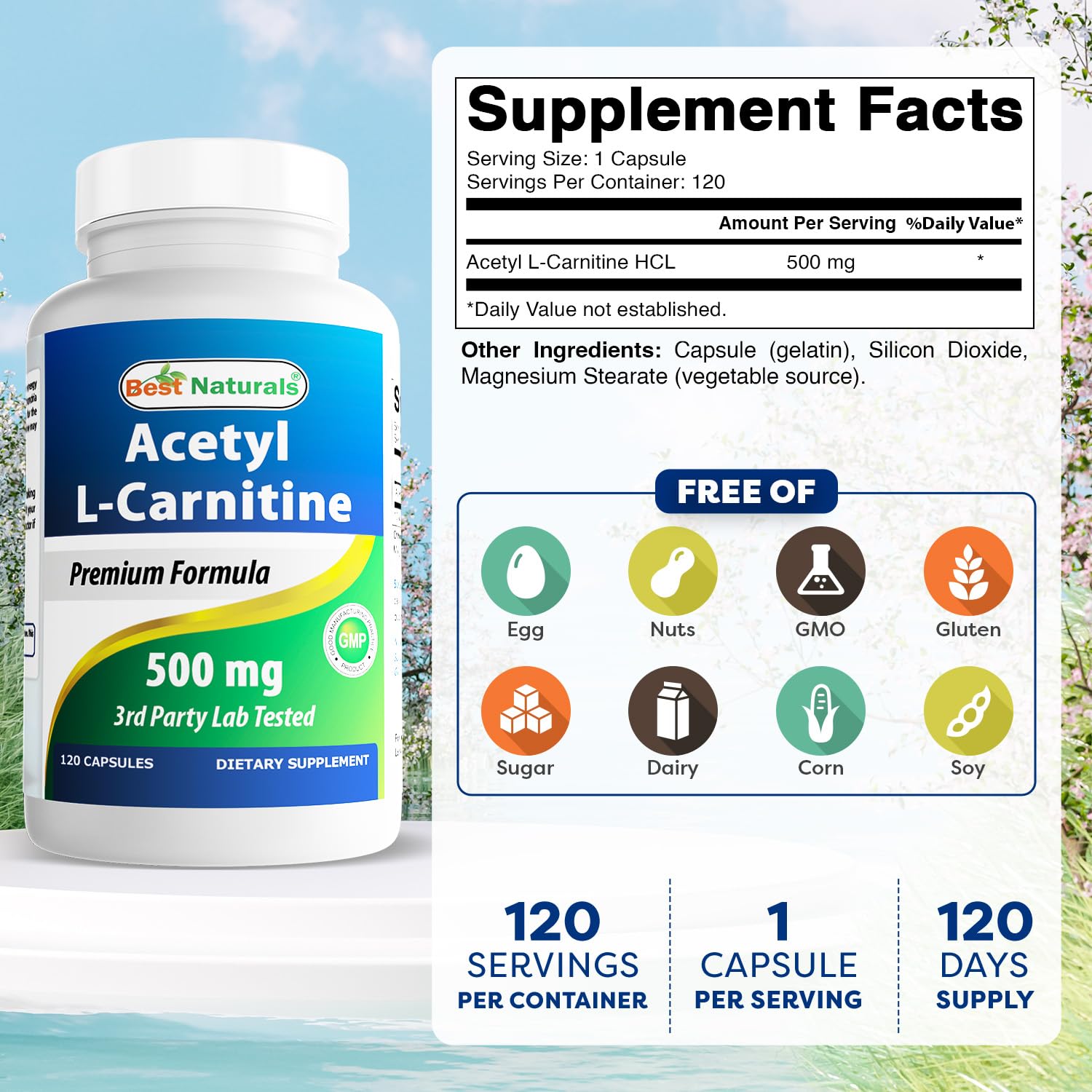 Best Naturals Acetyl L-Carnitine 500mg Capsules side view showing label