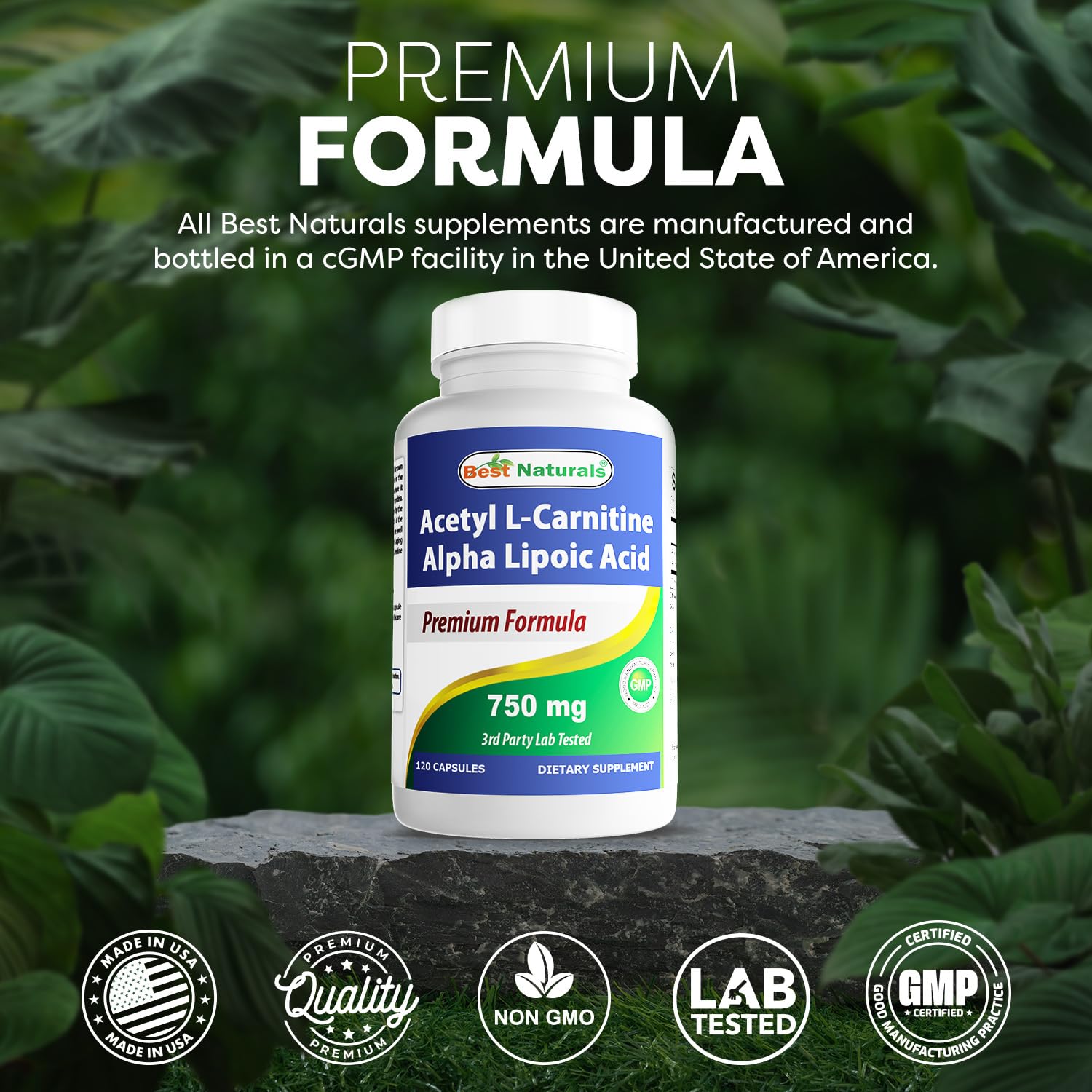 Best Naturals Acetyl L-Carnitine 750mg capsules on a wooden surface