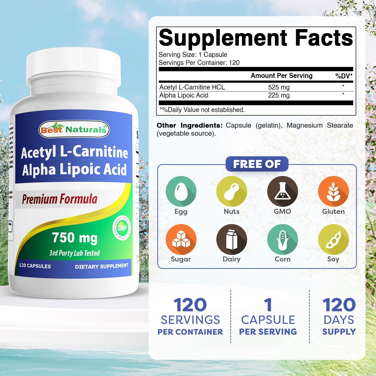 Best Naturals Acetyl L-Carnitine Alpha Lipoic Acid 750 mg bottle side view
