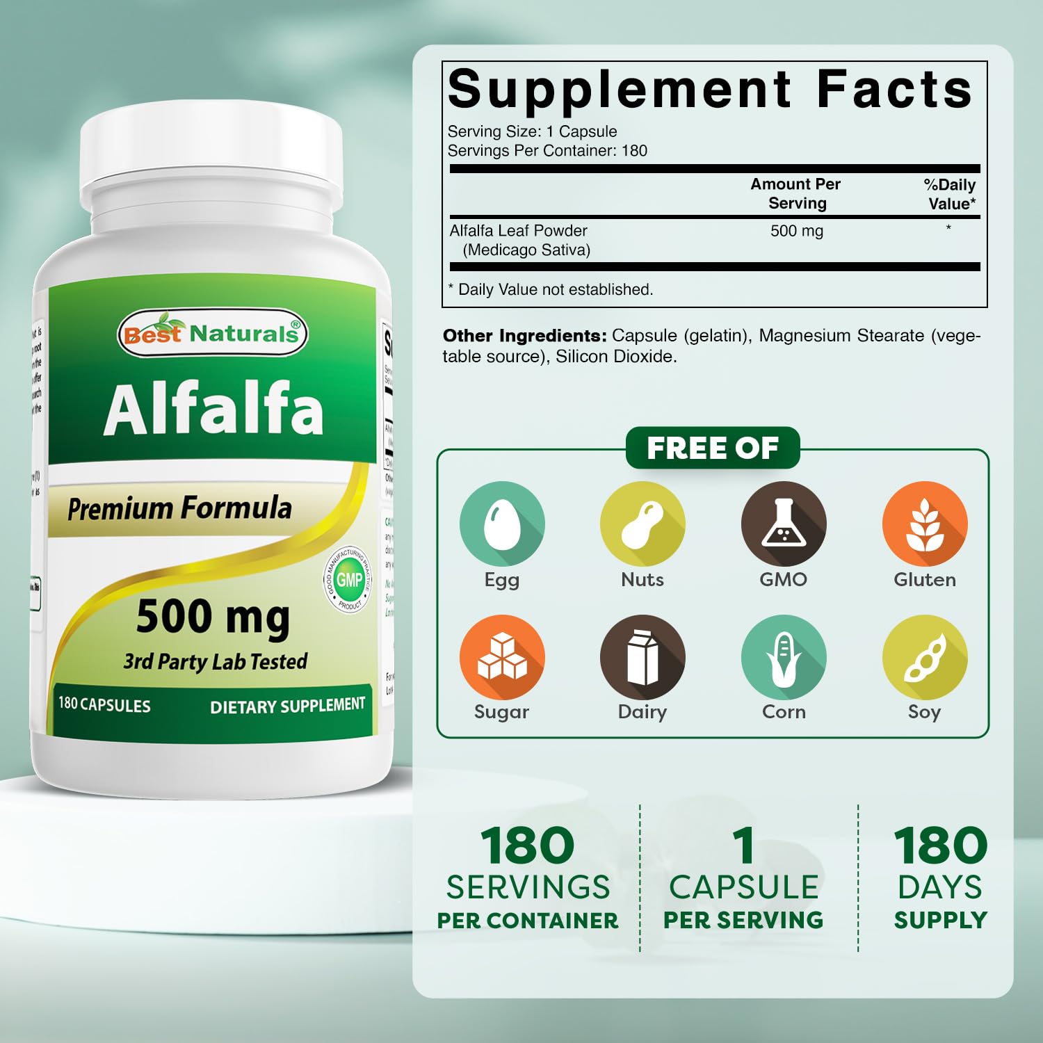 Best Naturals Alfalfa Capsules 500mg side view with label