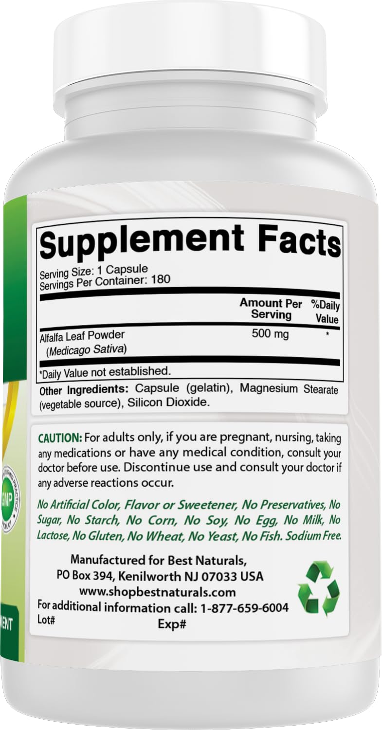 Best Naturals Alfalfa Capsules 500mg with measuring spoon