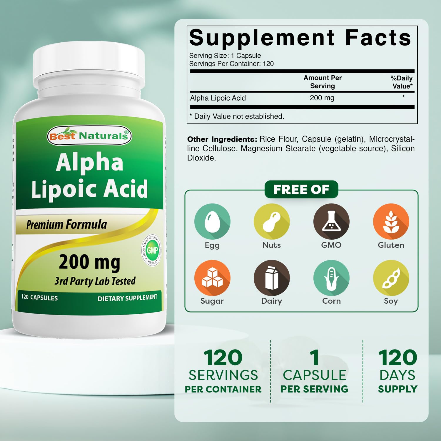 Best Naturals Alpha Lipoic Acid 200mg 120 Capsules bottle side view